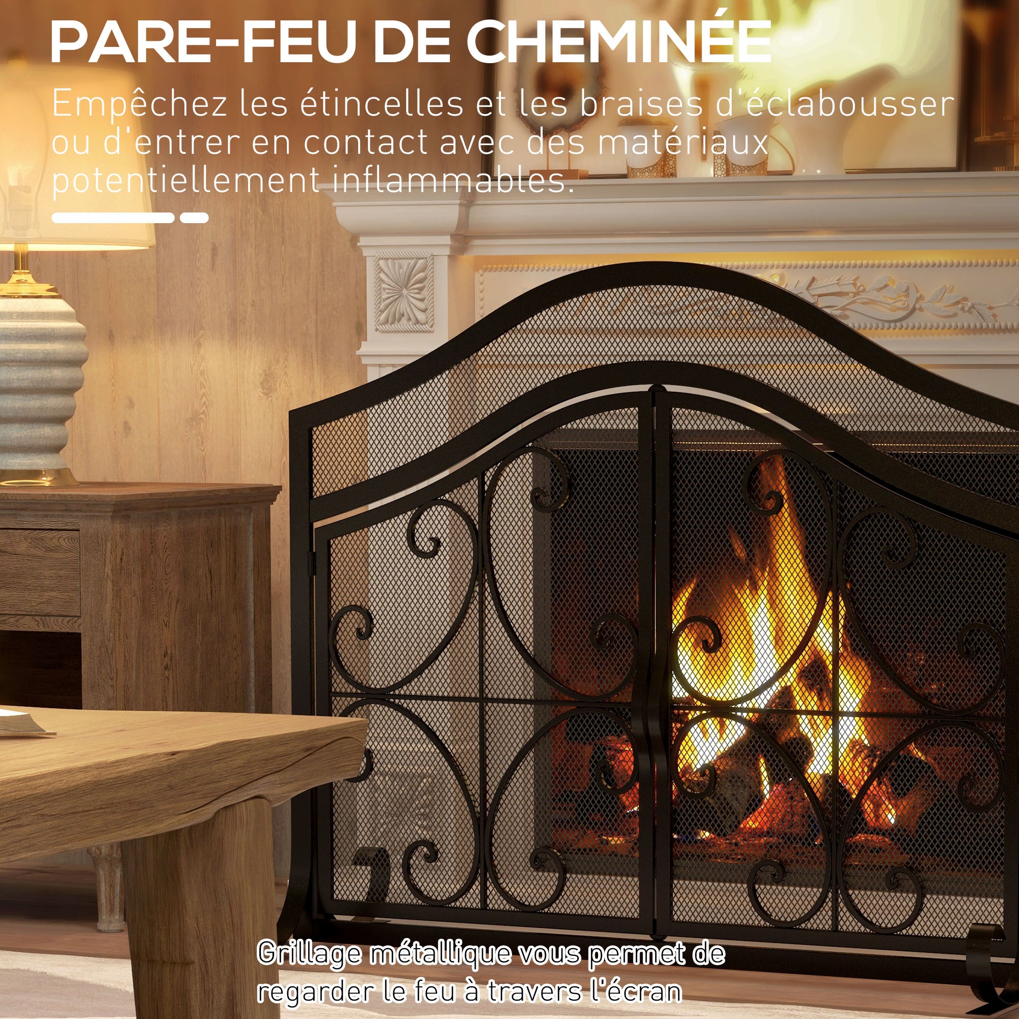 Pare-feu cheminée, grille de protection pour cheminée, panneau unique en maille d'acier, sommet arqué, serviteur cheminée avec double porte magnétiques, 105 x 40 x 80,5 cm, noir