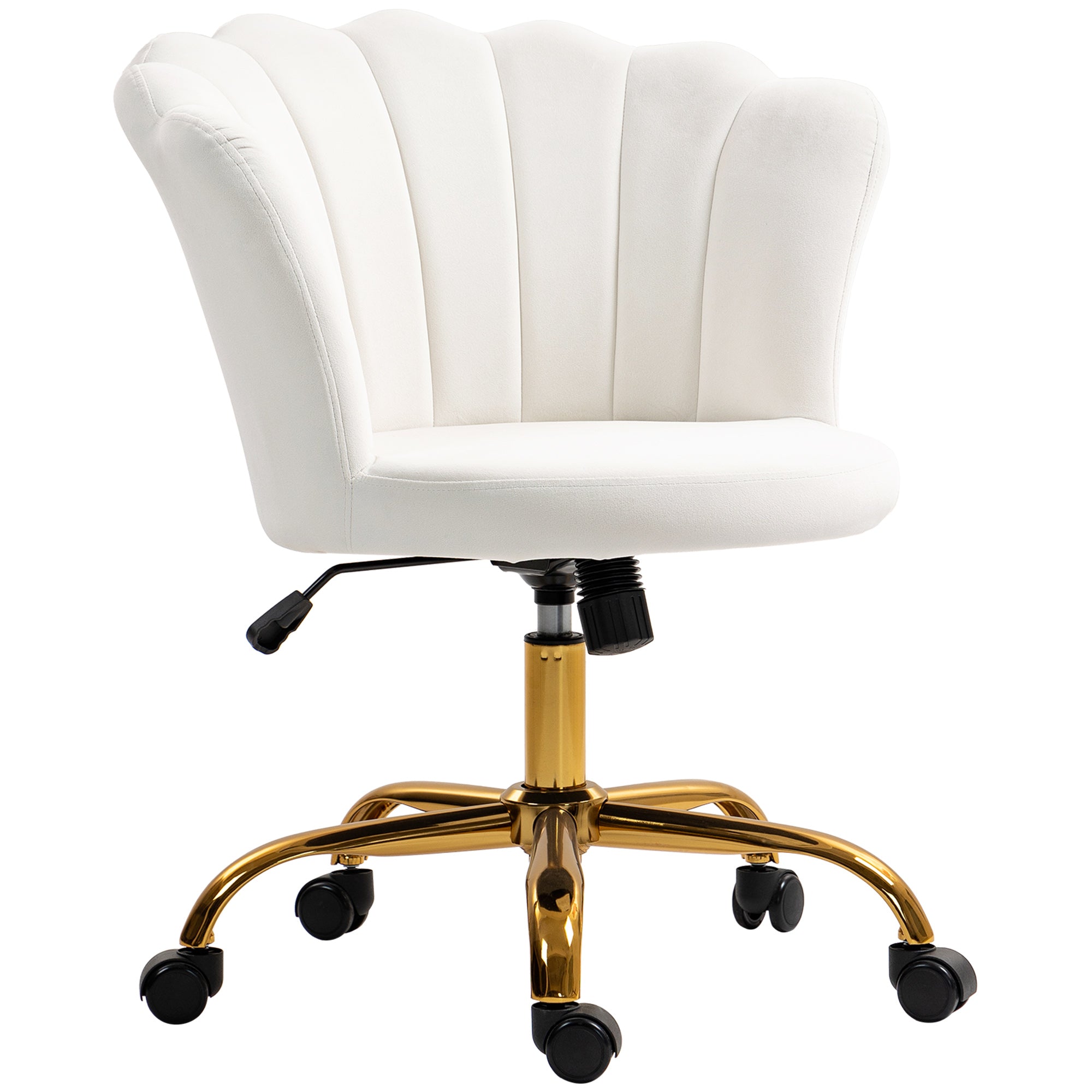 Chaise bureau en velours, chaise coiffeuse avec dossier en pétale, hauteur réglable, fonction bascule, assise rembourrée et pivotante, fauteuil coquillage pour bureau, salon, chambre, blanc