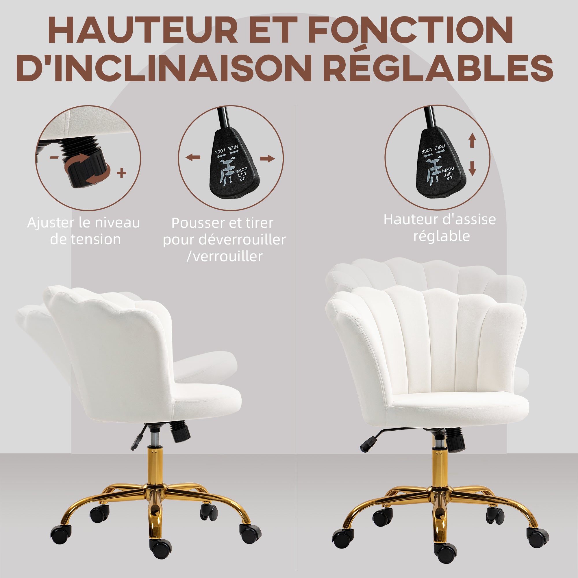 Chaise bureau en velours, chaise coiffeuse avec dossier en pétale, hauteur réglable, fonction bascule, assise rembourrée et pivotante, fauteuil coquillage pour bureau, salon, chambre, blanc