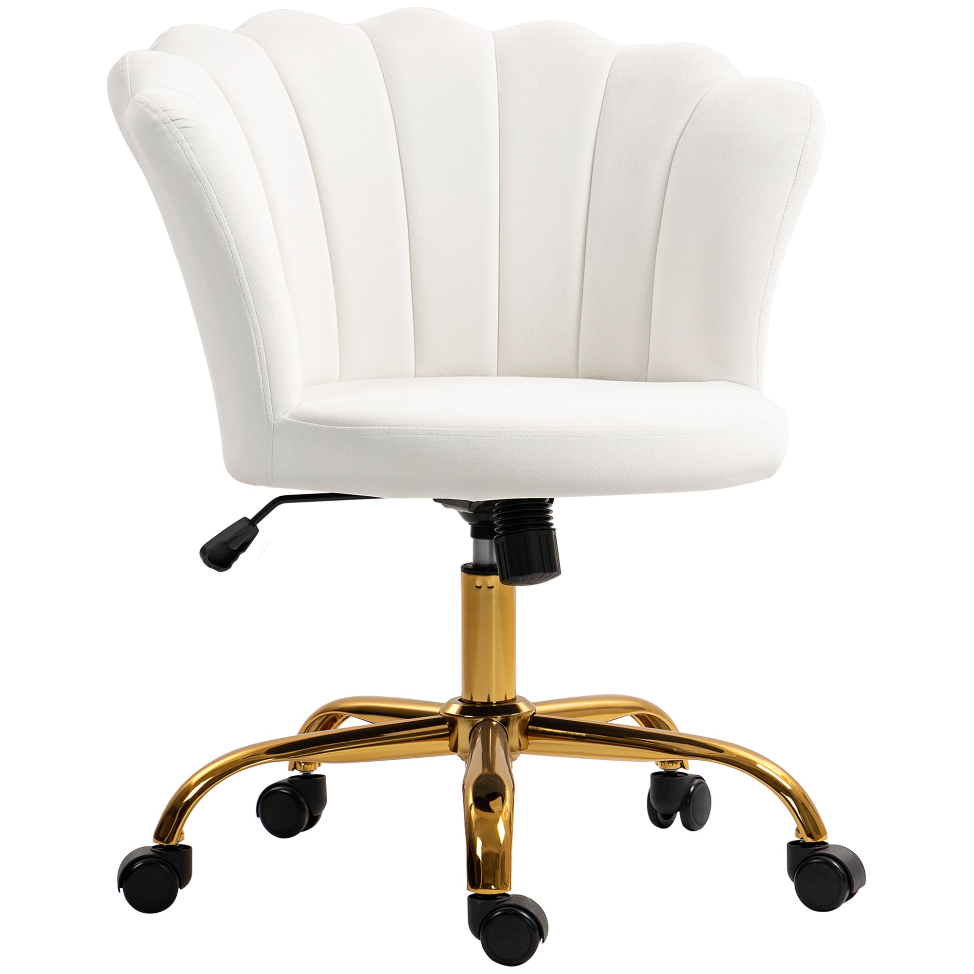 Chaise bureau en velours, chaise coiffeuse avec dossier en pétale, hauteur réglable, fonction bascule, assise rembourrée et pivotante, fauteuil coquillage pour bureau, salon, chambre, blanc