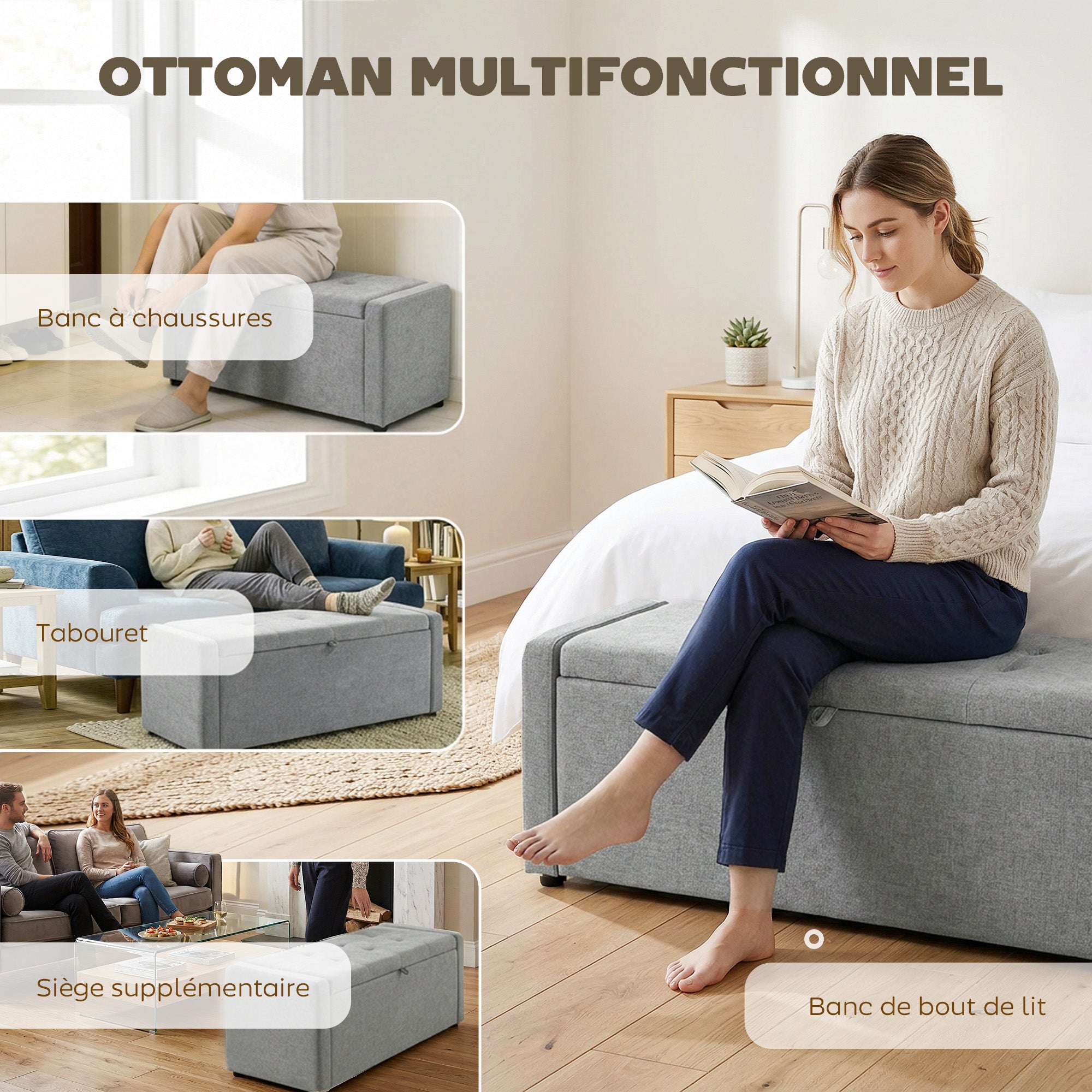 Banc de rangement, bout de lit, repose-pieds rembourré en lin avec assise large et confortable, coffre de rangement pour salon, chambre, entrée, 122 x 48 x 44 cm, gris clair