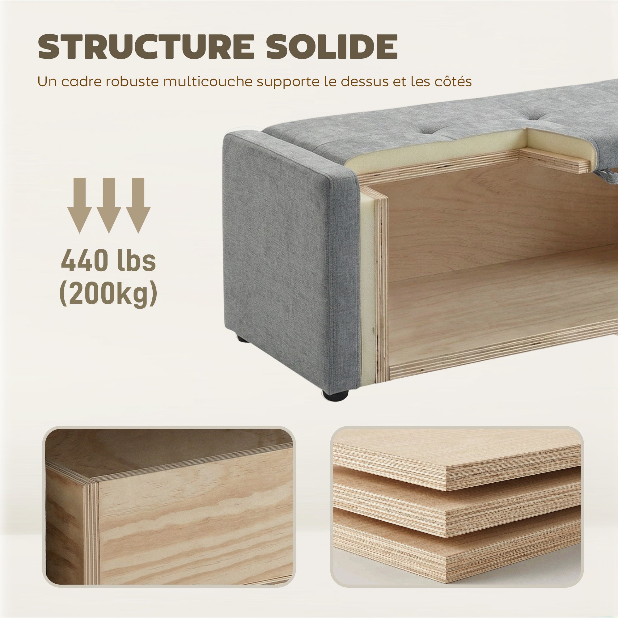 Banc de rangement, bout de lit, repose-pieds rembourré en lin avec assise large et confortable, coffre de rangement pour salon, chambre, entrée, 122 x 48 x 44 cm, gris clair