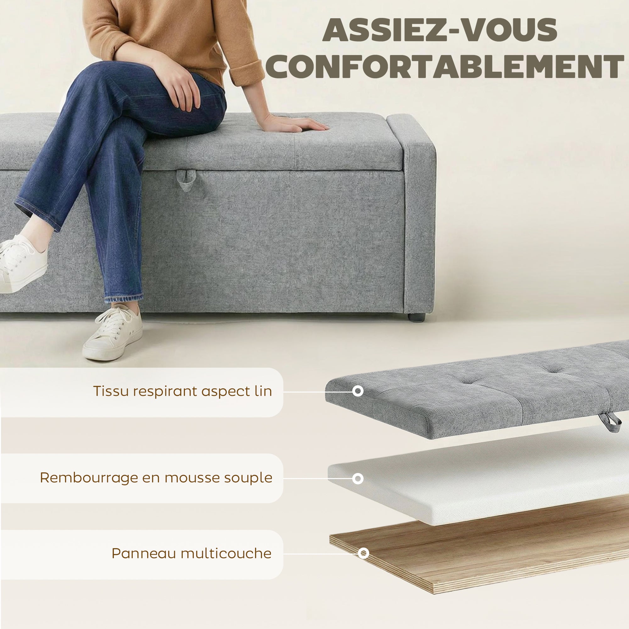 Banc de rangement, bout de lit, repose-pieds rembourré en lin avec assise large et confortable, coffre de rangement pour salon, chambre, entrée, 122 x 48 x 44 cm, gris clair