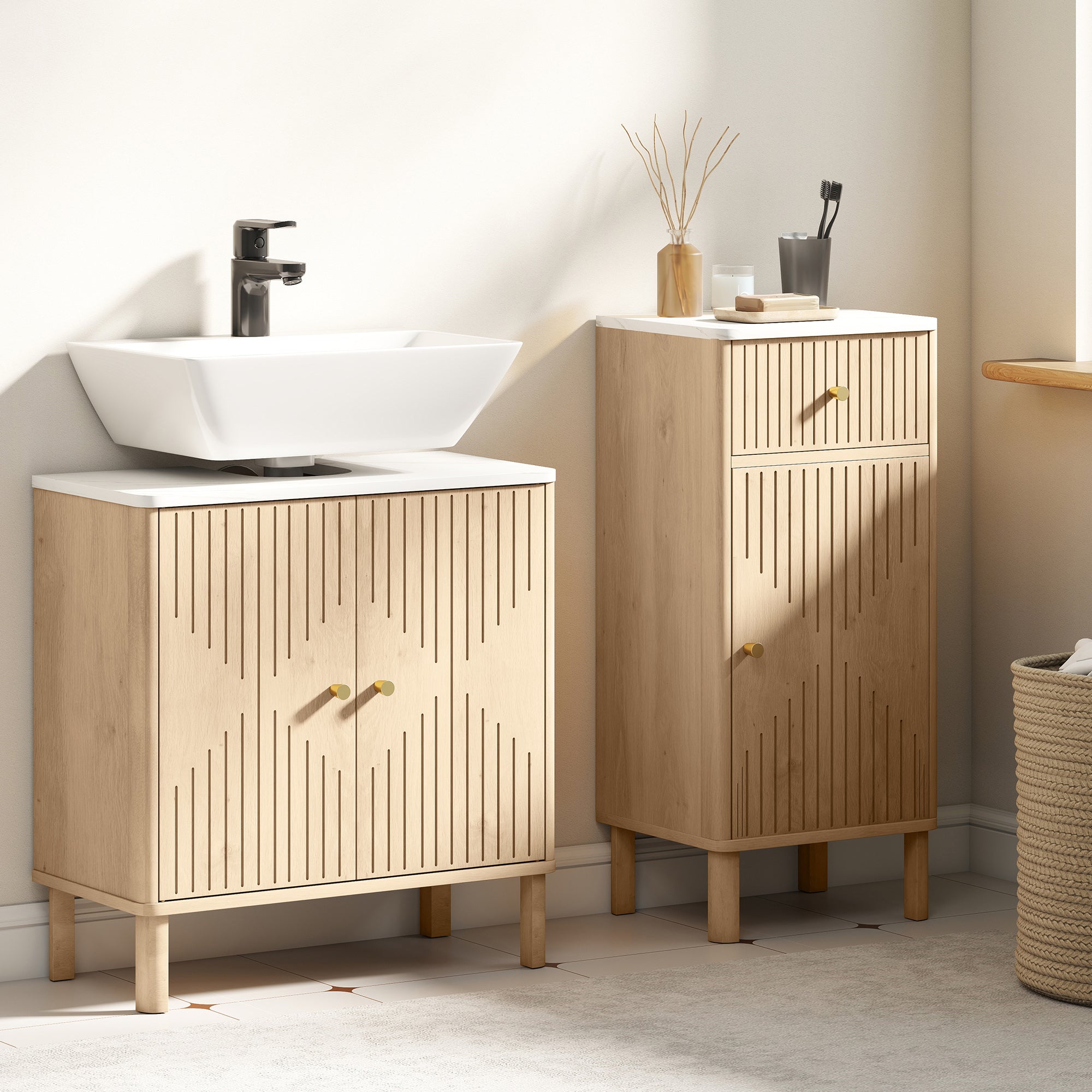 Meuble sous lavabo, meuble de salle de bain sous vasque avec étagère réglable et plan de toilette effet marbre pour vasque avec ou sans piédestal, 60 x 30 x 63 cm, chêne