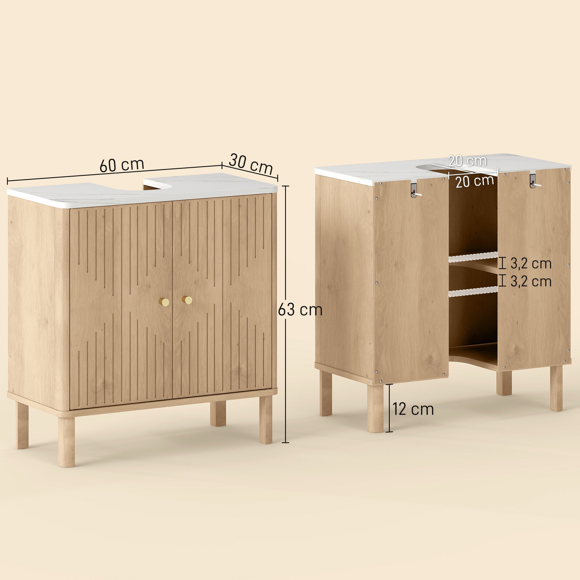 Meuble sous lavabo, meuble de salle de bain sous vasque avec étagère réglable et plan de toilette effet marbre pour vasque avec ou sans piédestal, 60 x 30 x 63 cm, chêne