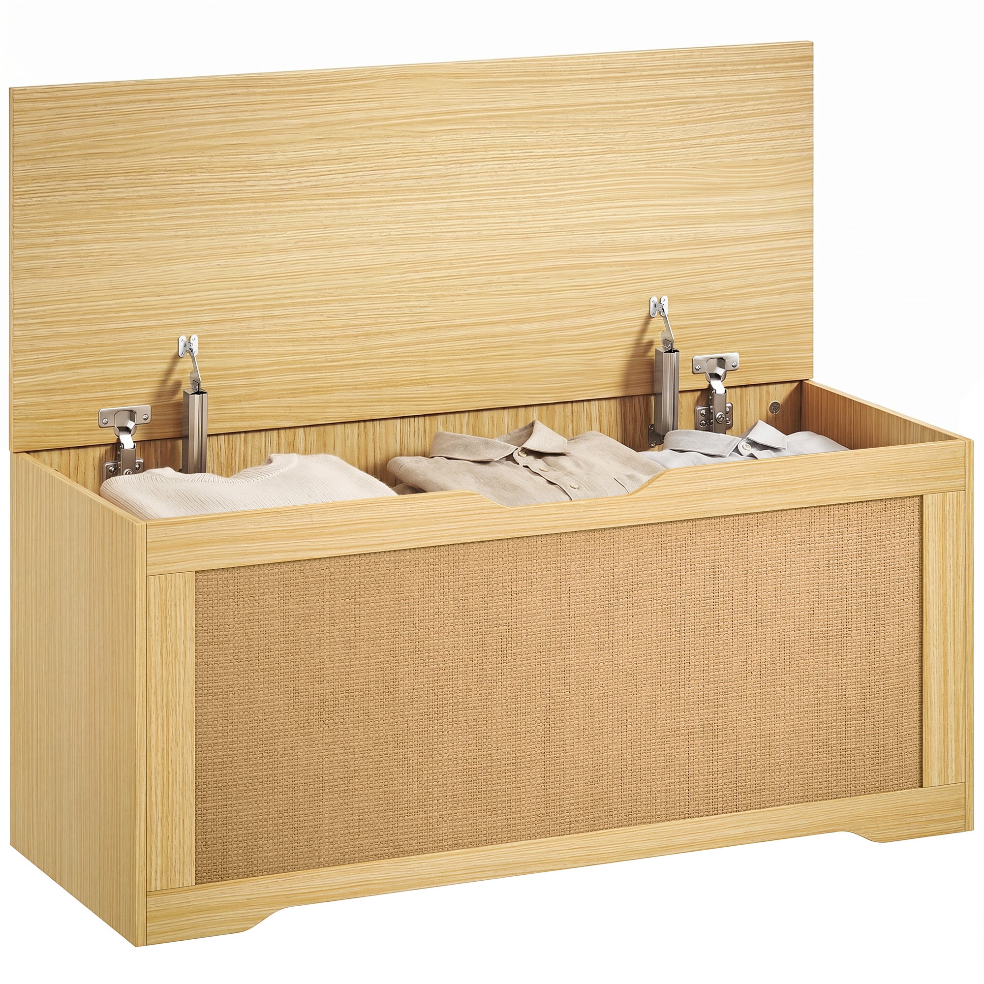 Coffre de Rangement en Rotin 136L, Banc Coffre avec Couvercle Relevable et 2 Charnières de Sécurité, Design Sans Poignée, Banc de Rangement pour Salon ou Entrée, 100 x 40 x 45 cm, Chêne