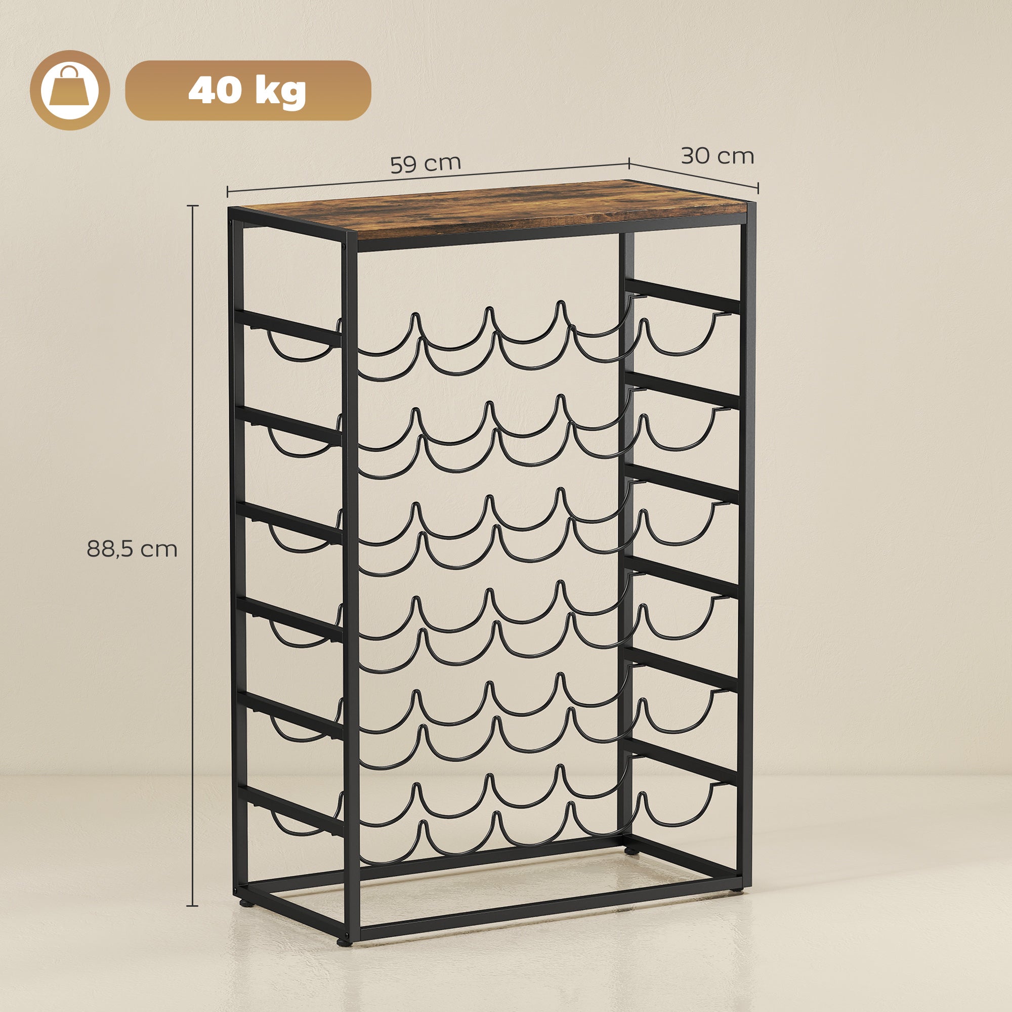 Casier à bouteilles pour 30 bouteilles, étagère à vin avec 6 niveaux avec plateau effet bois, style industriel, casier à vin en métal, pour cave, bars, sous-sols, 59x30x88,5cm, brun rustique