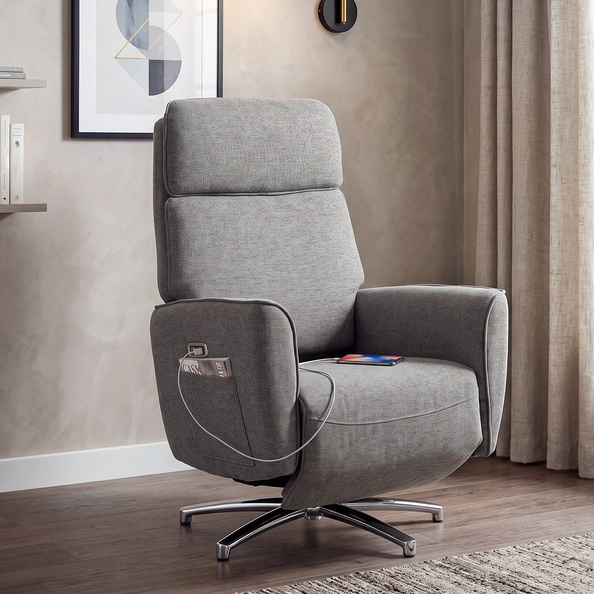 Fauteuil Relax Électrique Pivotant 360° avec Appui-Tête Réglable, Ports USB, Fauteuil Inclinable en Lin, 2 Moteurs, Repose-Pieds, Poches Latérales, Ressorts Ensachés, pour Chambre, Salon, Gris