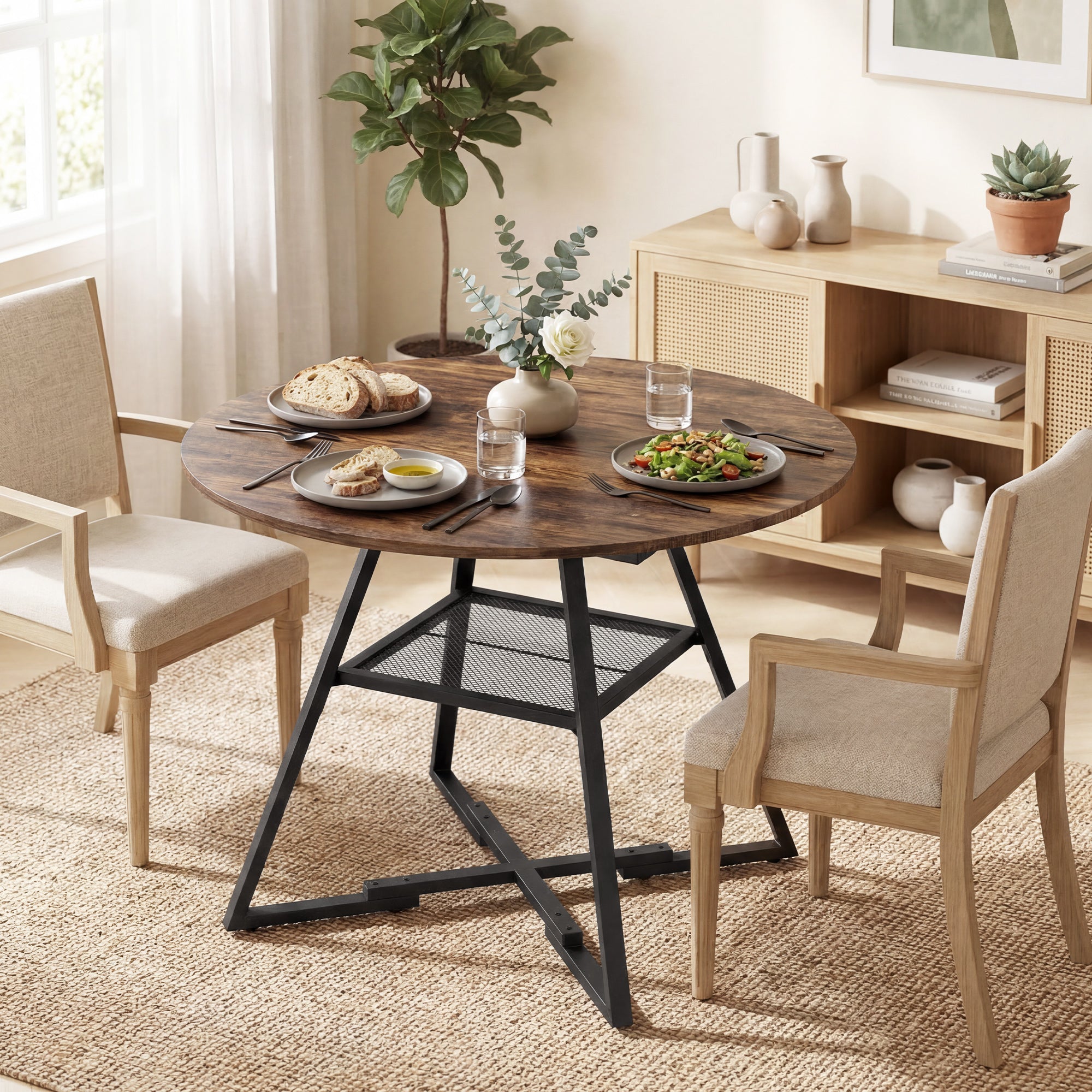 Table à manger ronde pour 4 personnes, Ø 100 x 76 cm, table de cuisine industrielle avec large plateau et étagère de rangement, cadre en métal, brun rustique