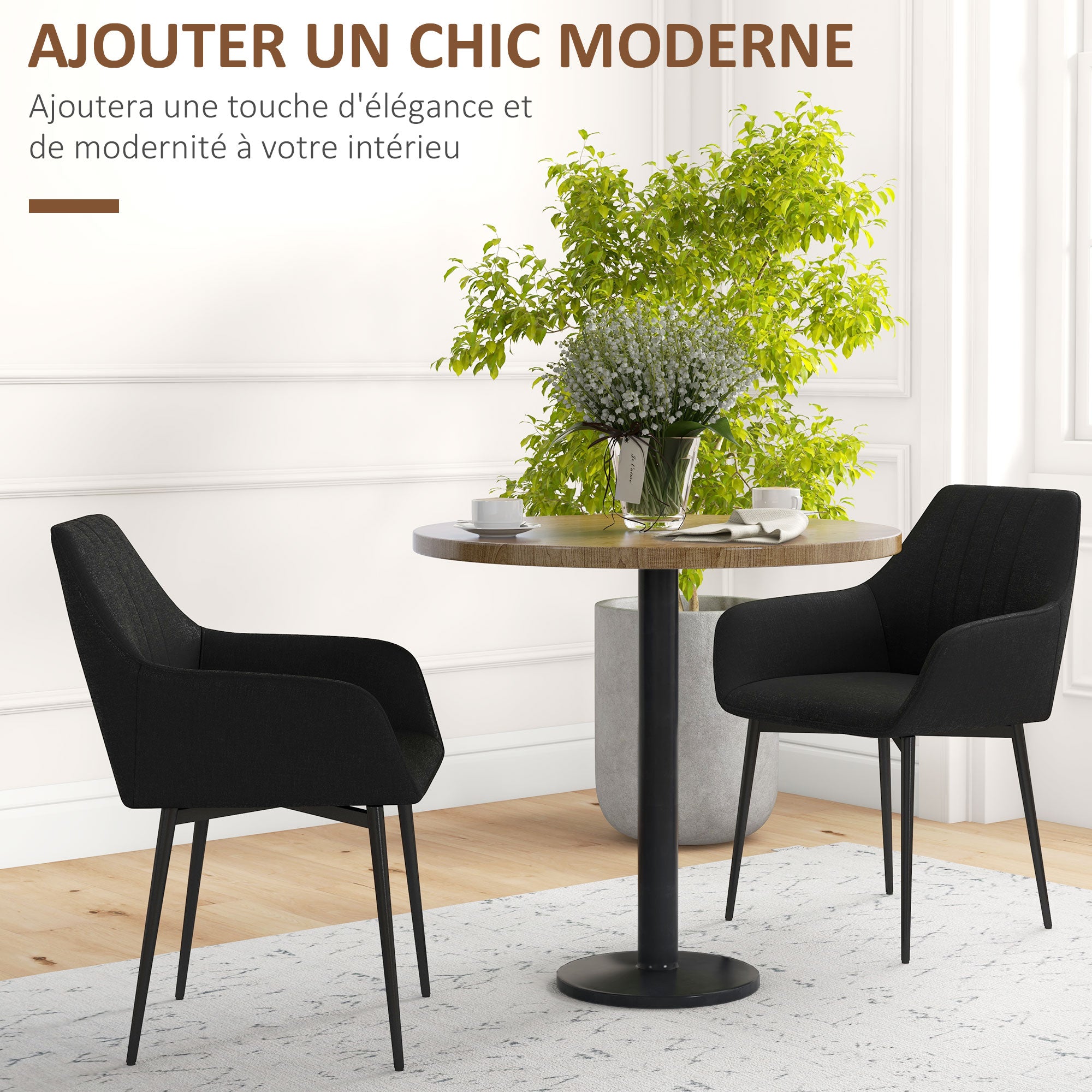 Chaises de Salle à Manger Chaises de Visiteur Design scandinave - Lot de 2 chaises - Pieds effilés métal Noir - Assise Dossier accoudoirs ergonomiques Lin Noir