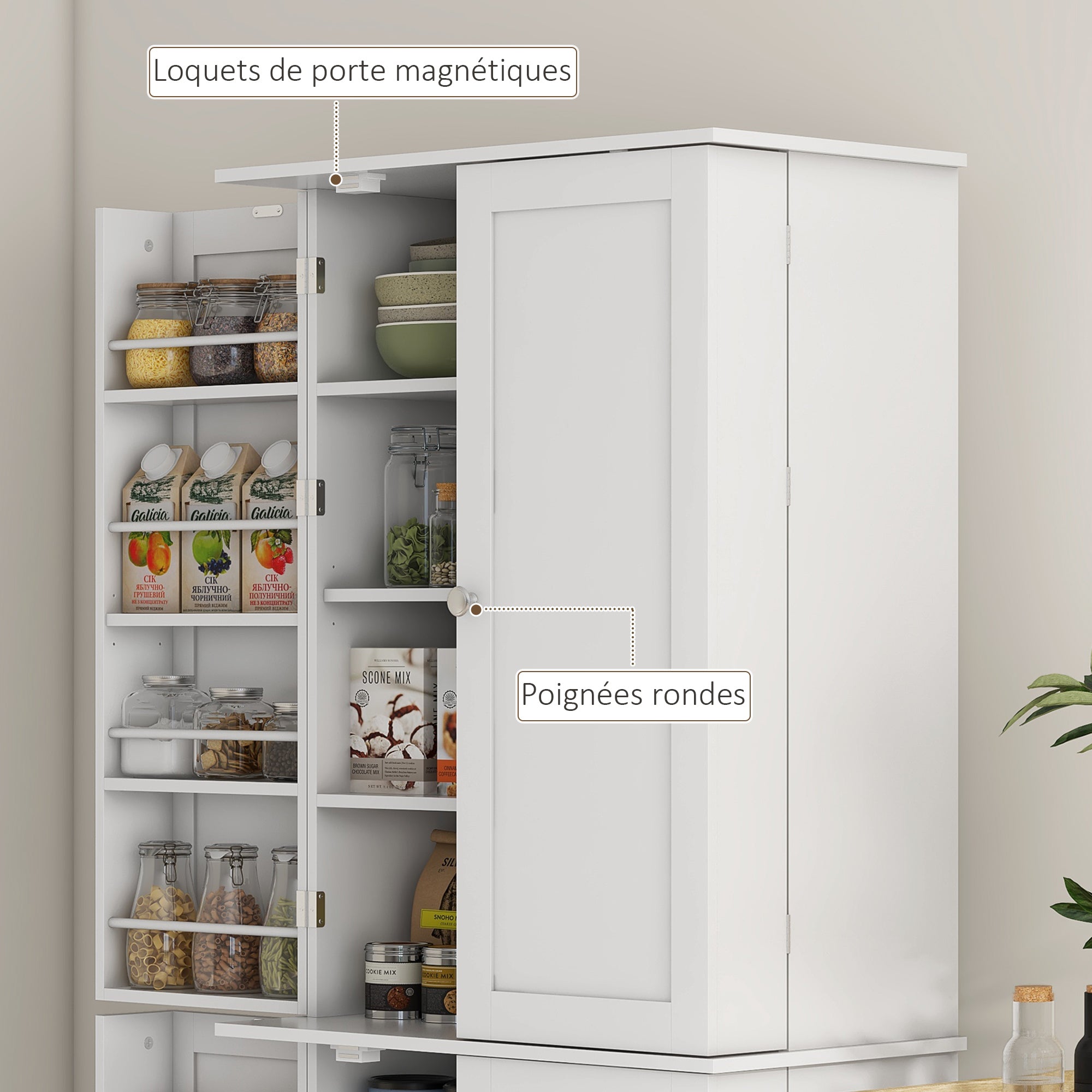 Armoire de cuisine buffet cuisine vaisselier meuble de rangement style moderne avec placards, étagère réglable et porte-épices pour salle à manger, salon, 60 x 35 x 166 cm, blanc