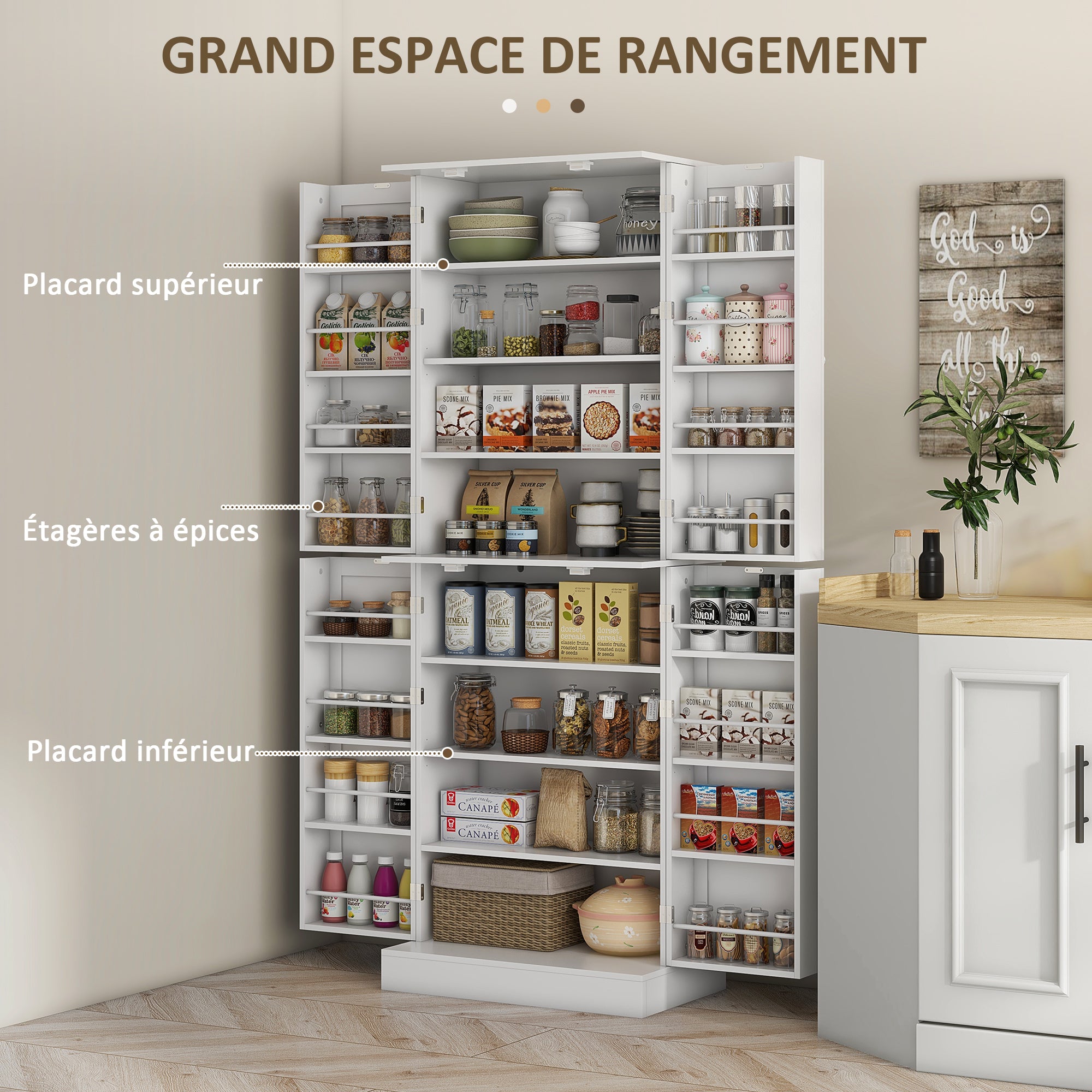 Armoire de cuisine buffet cuisine vaisselier meuble de rangement style moderne avec placards, étagère réglable et porte-épices pour salle à manger, salon, 60 x 35 x 166 cm, blanc