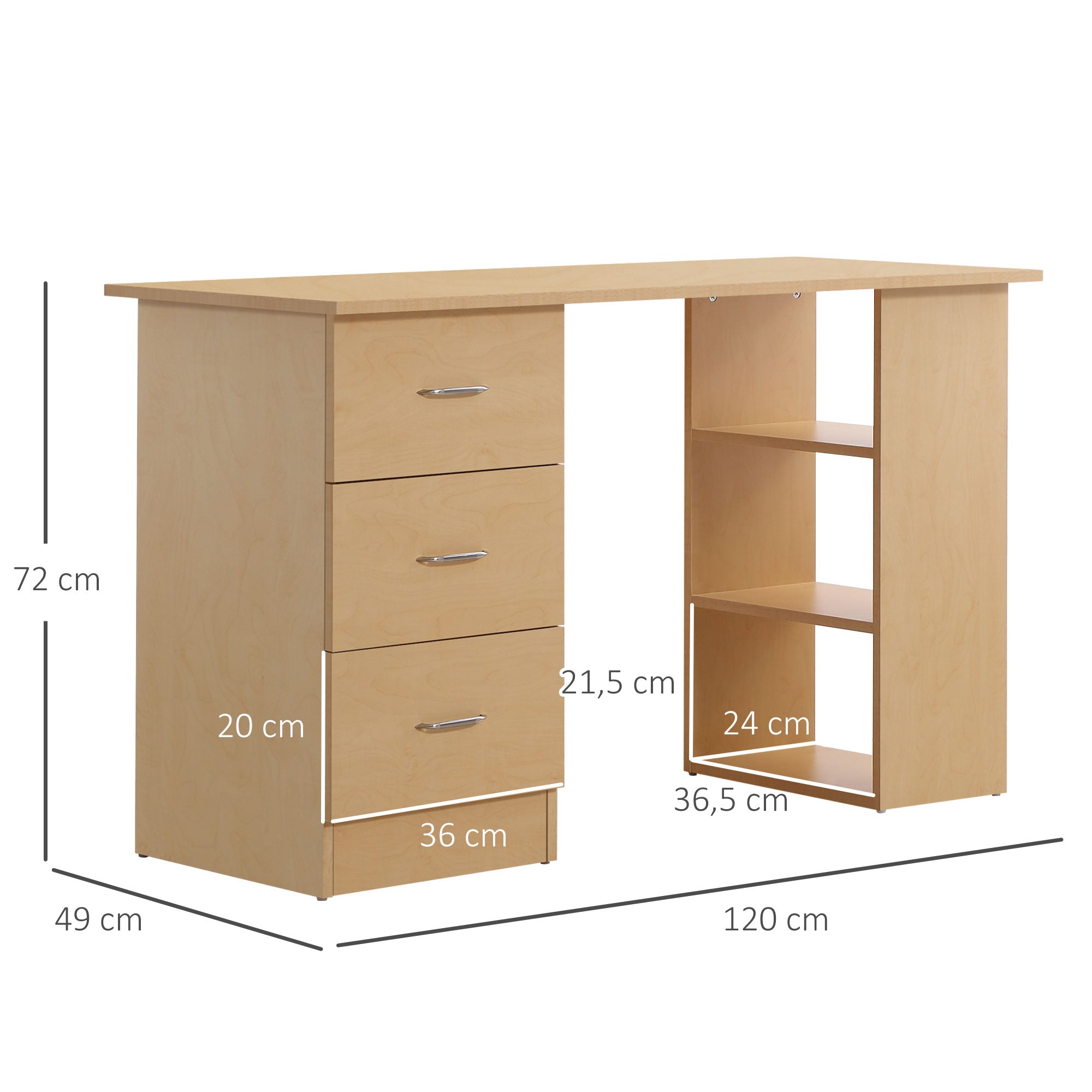 Bureau avec rangement, table informatique 120 x 50 cm, bureau d'ordinateur avec étagères et tiroirs, pour petits espaces, chambre à coucher, aspect bois clair