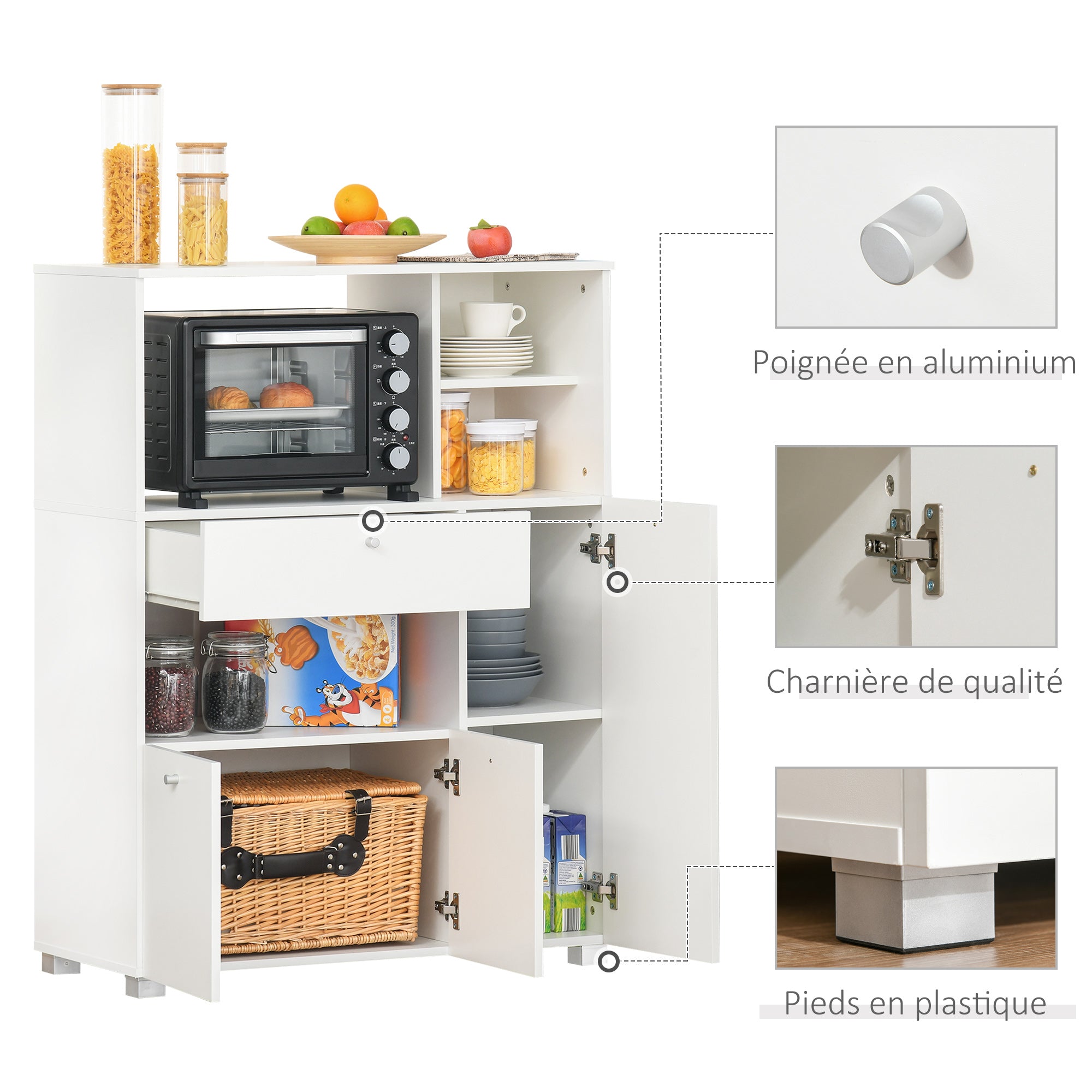 Meuble de micro-onde armoire cuisine meuble de rangement multi-rangements buffet avec 2 placards 4 niches tiroir coulissant dim. 90L x 40l x 120H cm en bois blanc