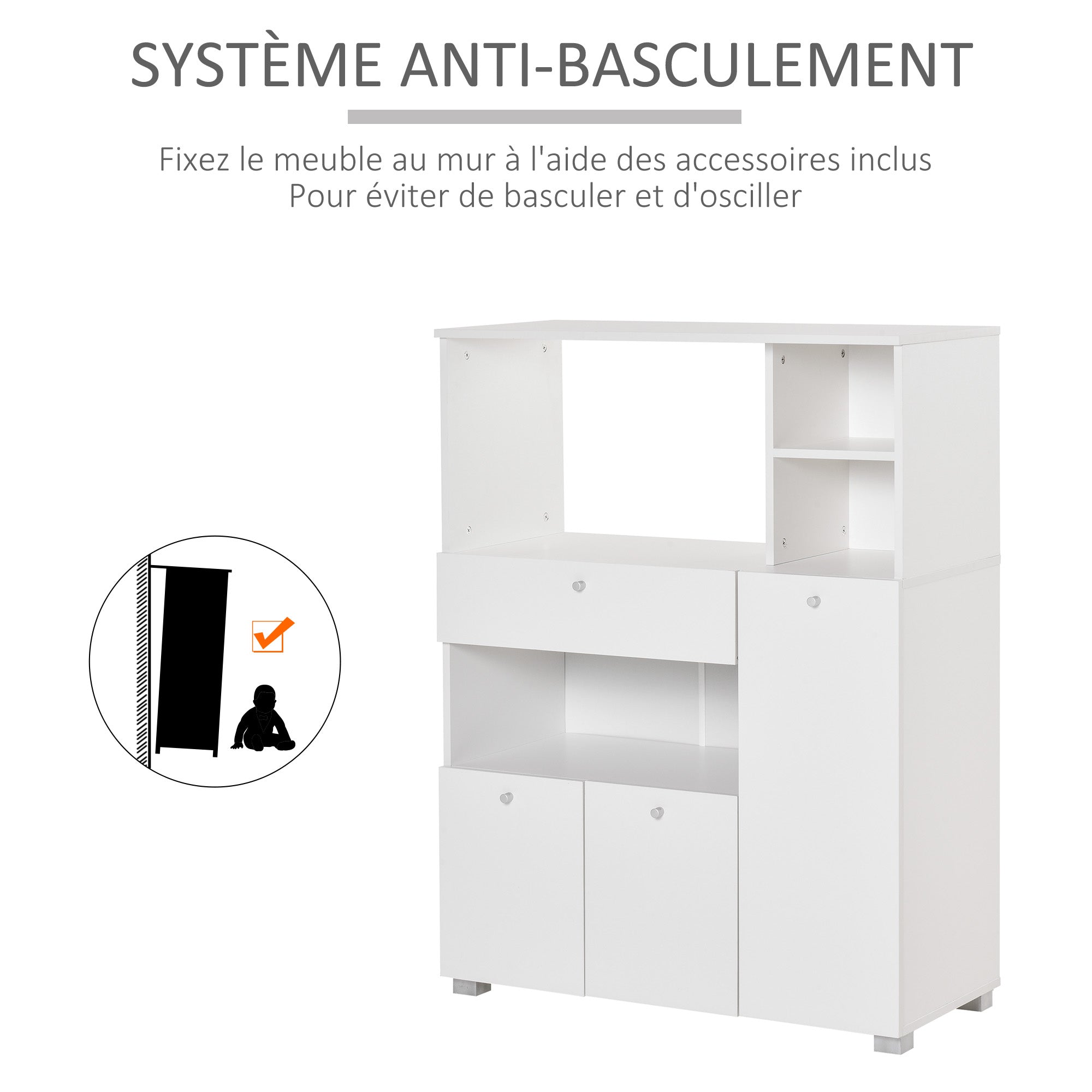 Meuble de micro-onde armoire cuisine meuble de rangement multi-rangements buffet avec 2 placards 4 niches tiroir coulissant dim. 90L x 40l x 120H cm en bois blanc