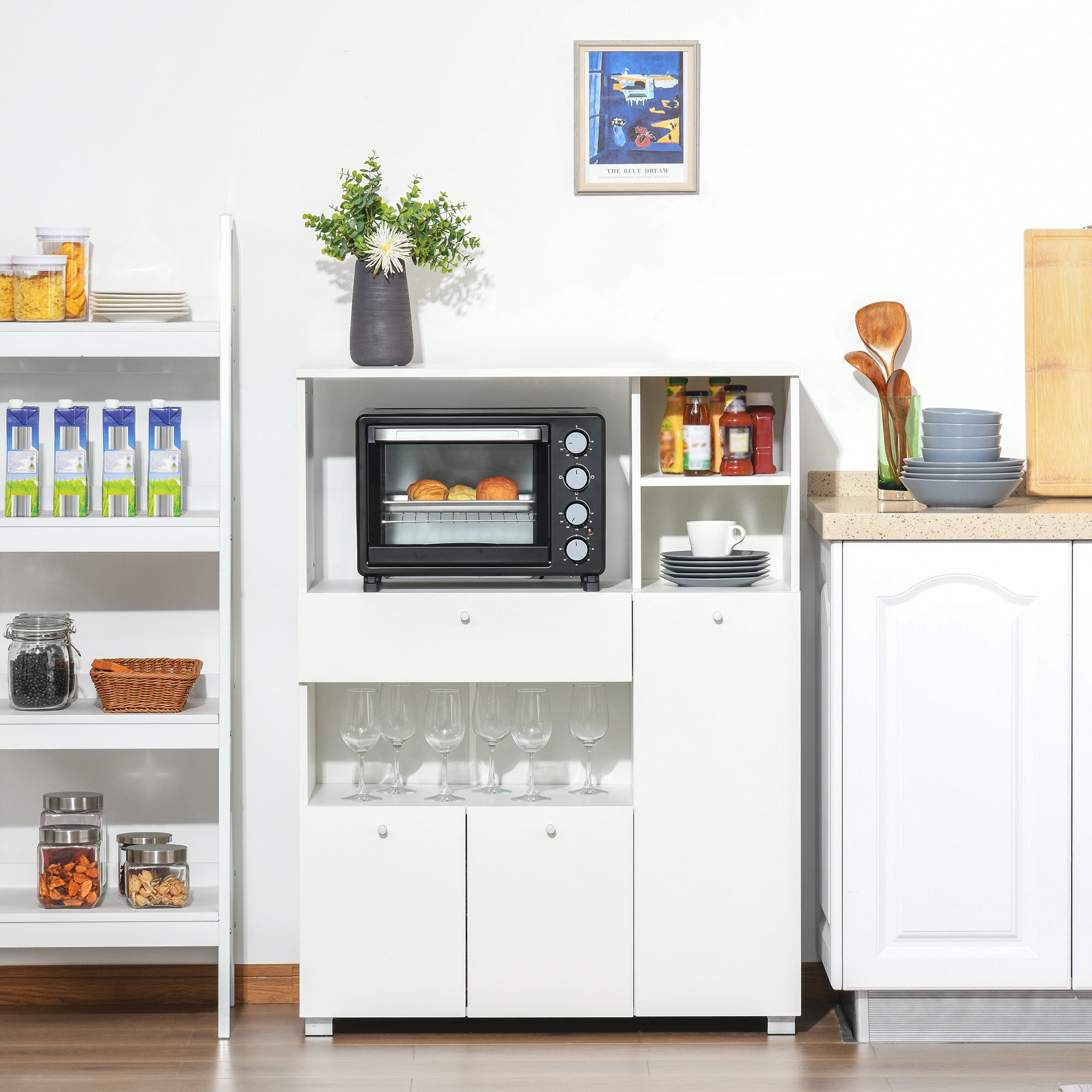 Meuble de micro-onde armoire cuisine meuble de rangement multi-rangements buffet avec 2 placards 4 niches tiroir coulissant dim. 90L x 40l x 120H cm en bois blanc