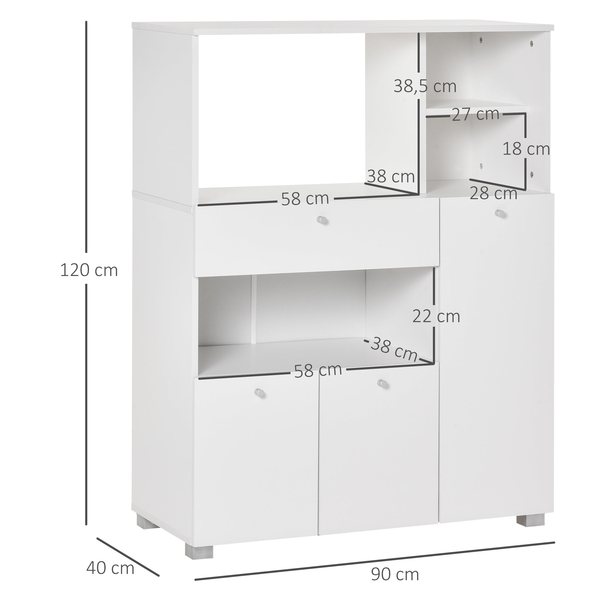 Meuble de micro-onde armoire cuisine meuble de rangement multi-rangements buffet avec 2 placards 4 niches tiroir coulissant dim. 90L x 40l x 120H cm en bois blanc