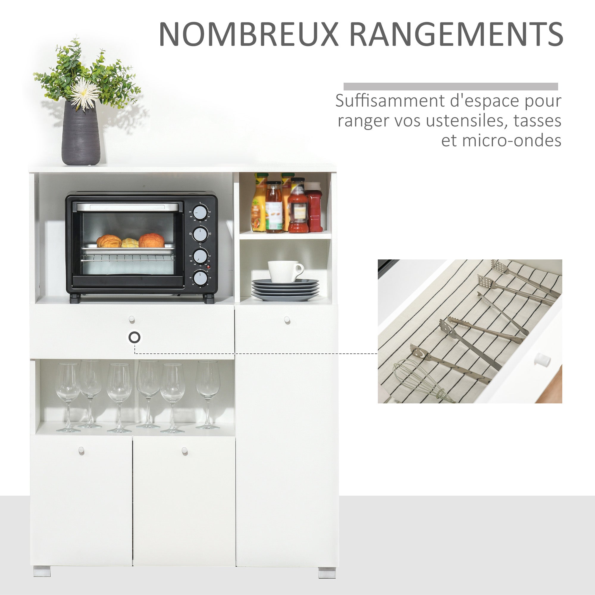 Meuble de micro-onde armoire cuisine meuble de rangement multi-rangements buffet avec 2 placards 4 niches tiroir coulissant dim. 90L x 40l x 120H cm en bois blanc