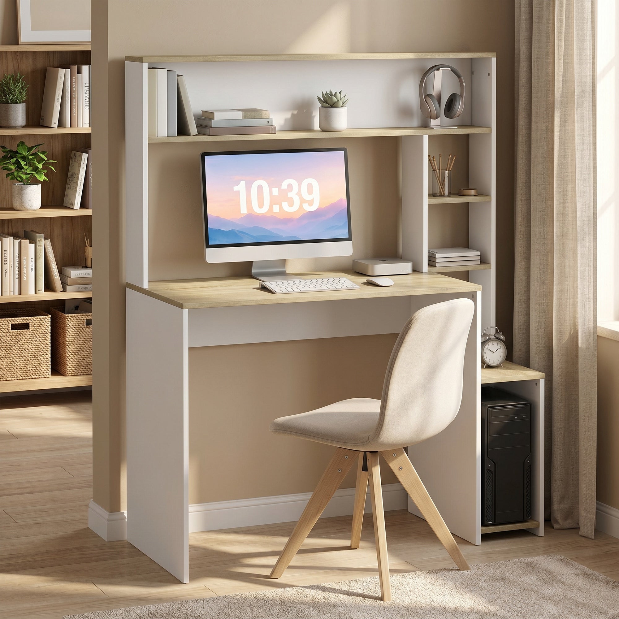 Bureau Informatique, 114x45x138cm, Bureau avec Rangement, Étagères Ouvertes, Large Plateau et Support UC, Table d'Ordinateur Moderne pour Chambre, Domicile, Petit Espace, Blanc et Bois Naturel