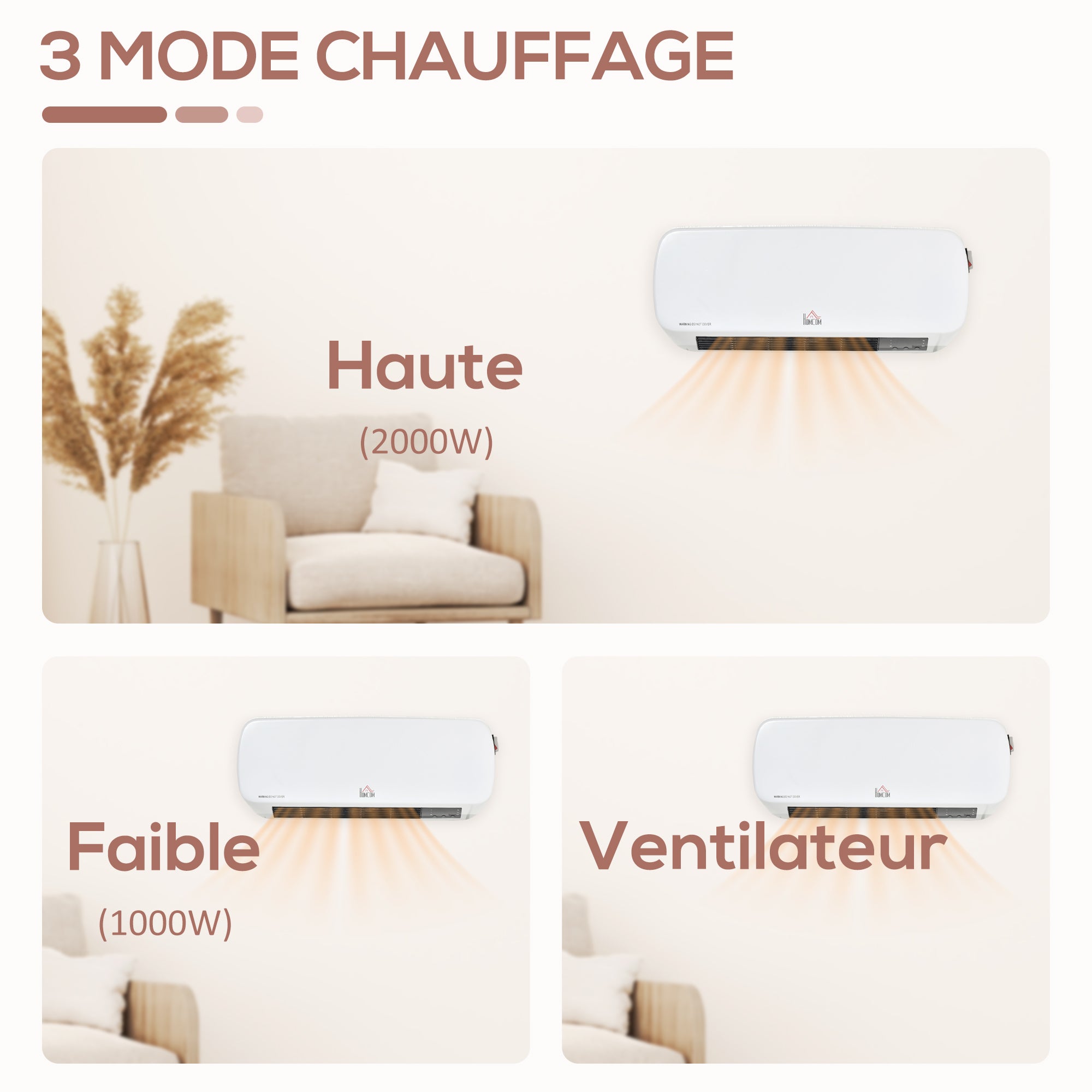 Radiateur mural soufflant 2000 W - chauffage céramique PTC - 3 niveaux de puissance - télécommande incluse blanc noir