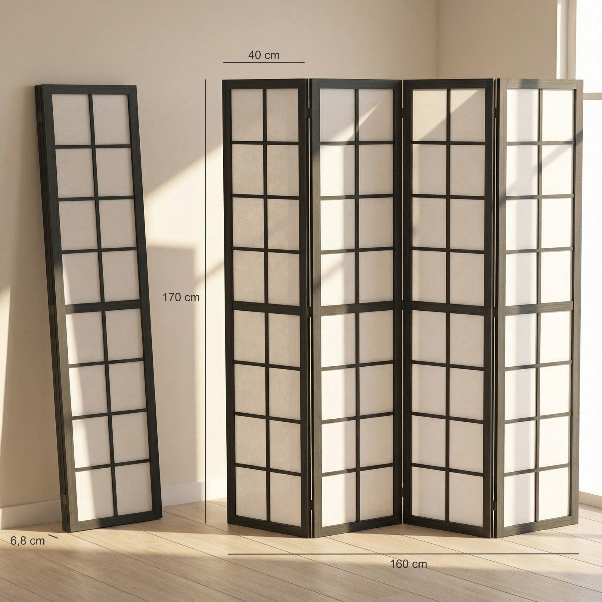 Paravent interieur pliable 4 panneaux 160 x 170 cm séparateur de pièce en bois closion de séparation pour salon chambre à coucher maison, noir
