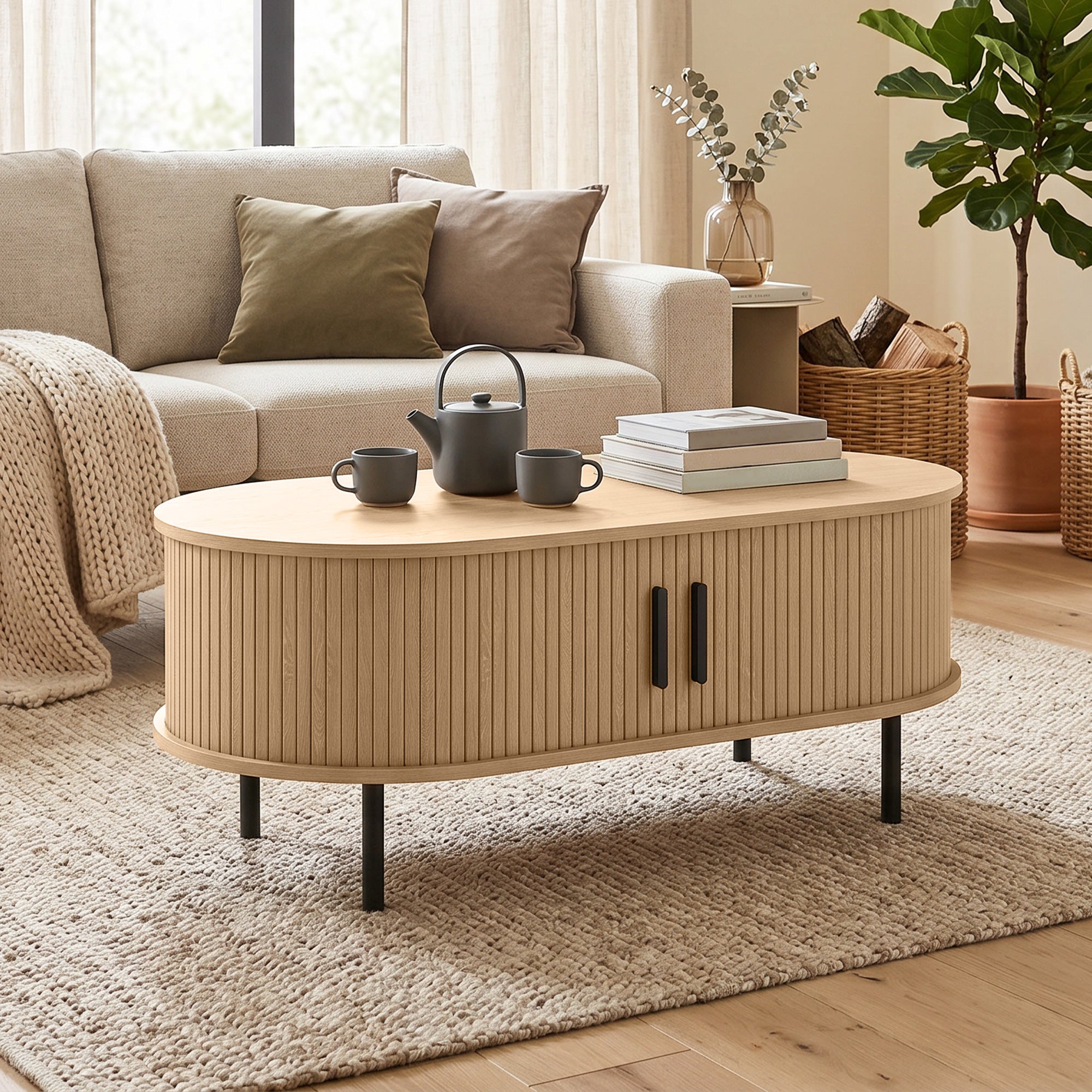Table basse ovale en bois, table de salon moderne avec portes coulissantes et compartiments cachés, pieds en métal, pour chambre, séjour et bureau, 100 x 55 x 40 cm, effet bois naturel