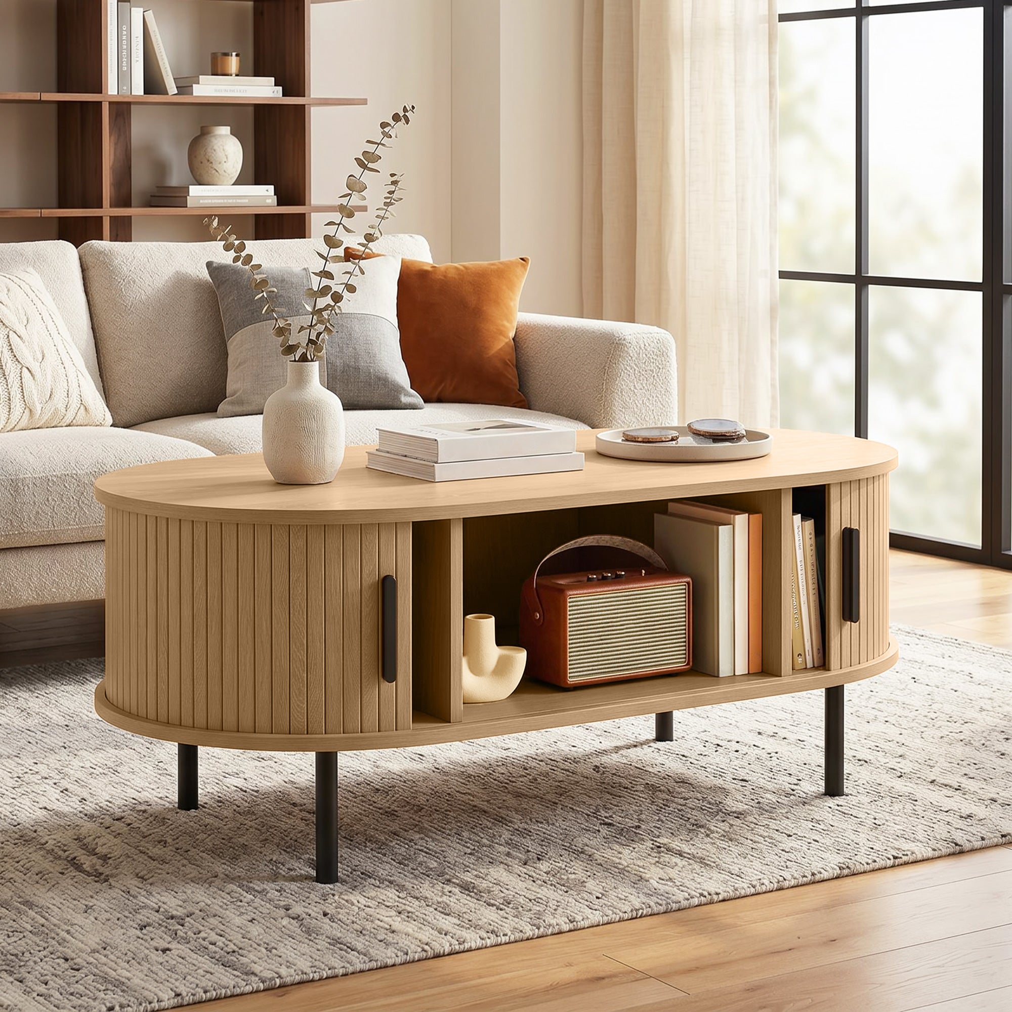 Table basse ovale en bois, table de salon moderne avec portes coulissantes et compartiments cachés, pieds en métal, pour chambre, séjour et bureau, 100 x 55 x 40 cm, effet bois naturel