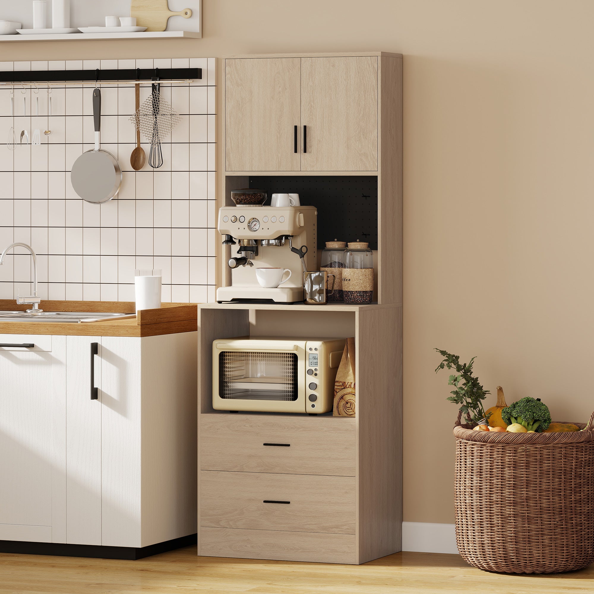 Meuble micro-ondes, buffet, armoire de cuisine, 2 tiroirs, 2 portes, plan de travail, étagère réglable, panneau perforé, 4 crochets, meuble de rangement pour salle à manger, salon, bois naturel