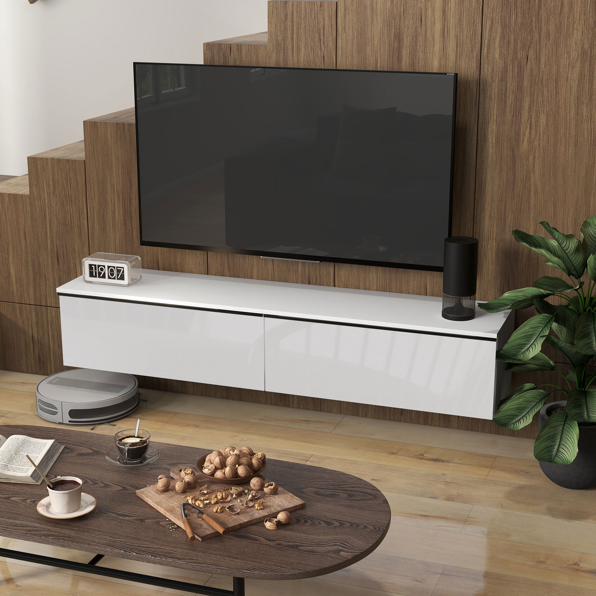 Meuble TV suspendu meuble télé bois banc TV mural pour téléviseurs jusqu'à 70 pouces avec placard à portes effet brillant, pour salon chambre à coucher, 160 x 35 x 30 cm, blanc