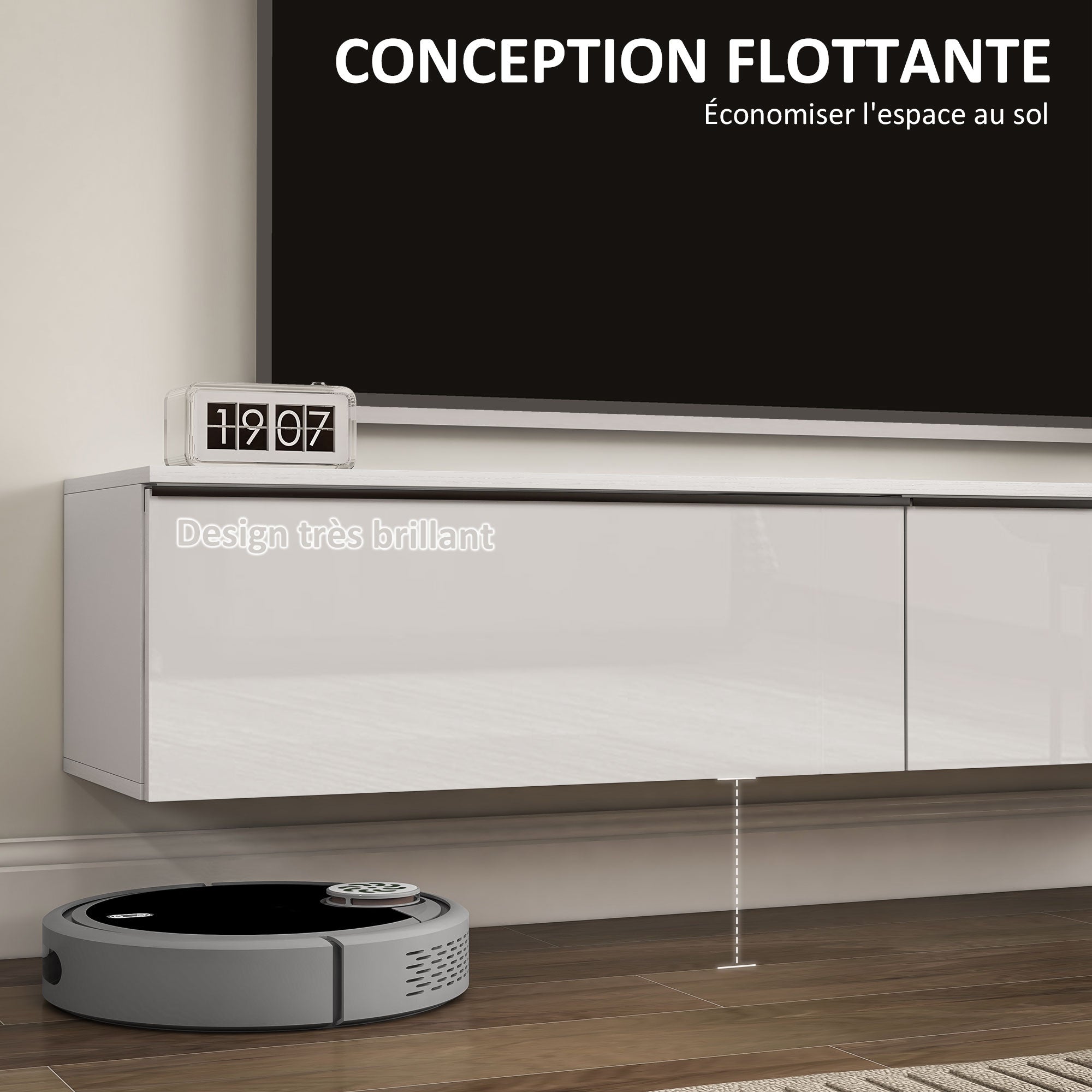 Meuble TV suspendu meuble télé bois banc TV mural pour téléviseurs jusqu'à 70 pouces avec placard à portes effet brillant, pour salon chambre à coucher, 160 x 35 x 30 cm, blanc