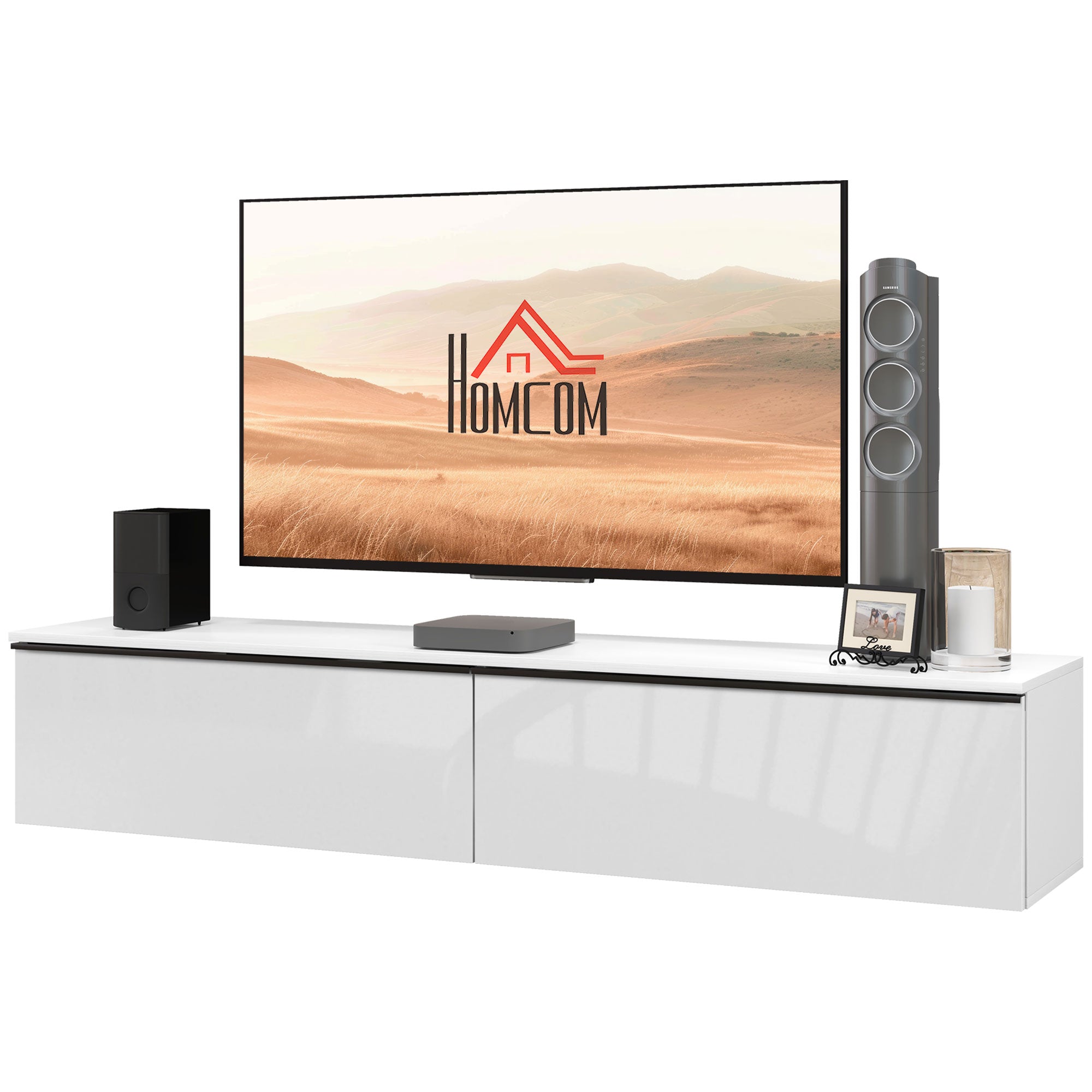 Meuble TV suspendu meuble télé bois banc TV mural pour téléviseurs jusqu'à 70 pouces avec placard à portes effet brillant, pour salon chambre à coucher, 160 x 35 x 30 cm, blanc