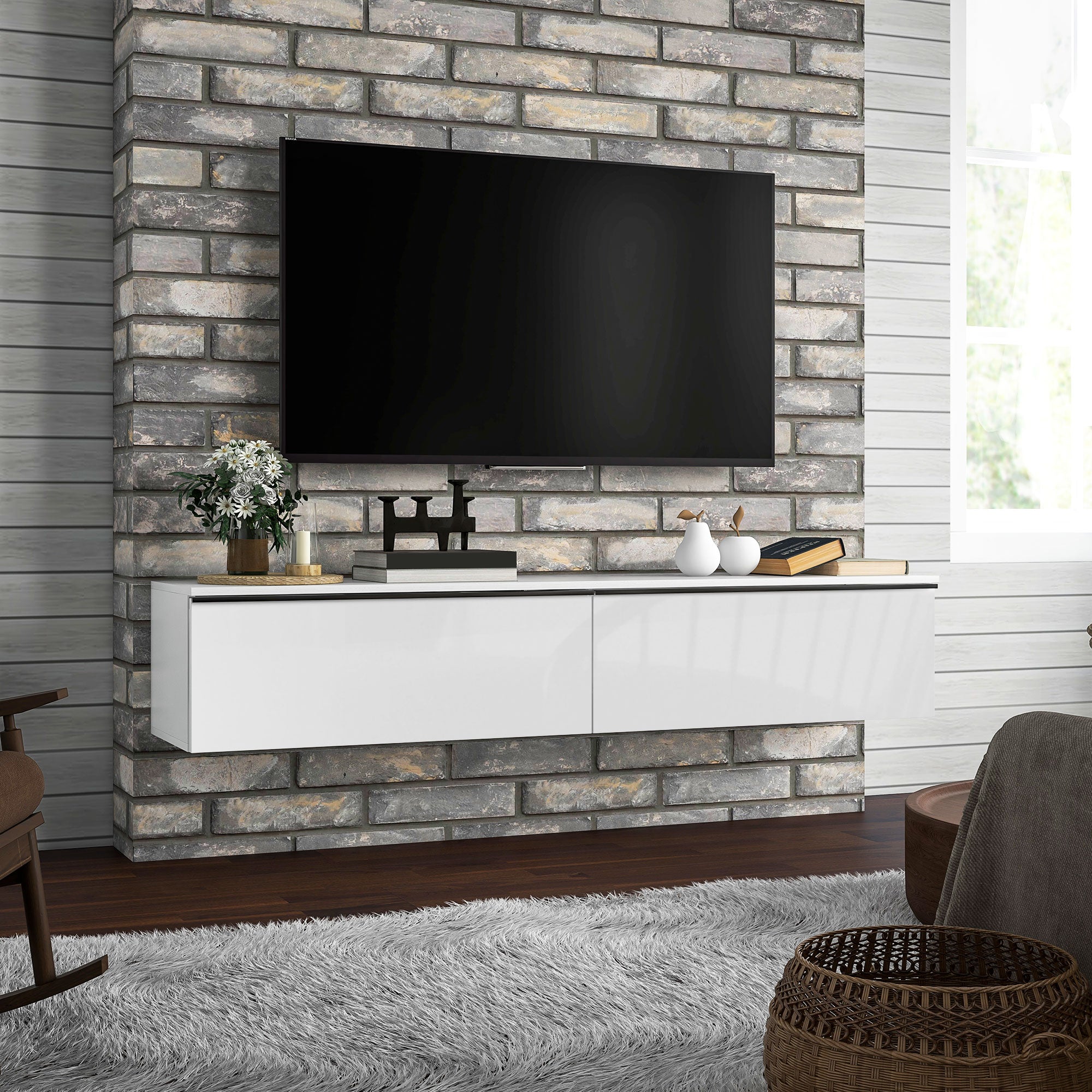 Meuble TV suspendu meuble télé bois banc TV mural pour téléviseurs jusqu'à 70 pouces avec placard à portes effet brillant, pour salon chambre à coucher, 160 x 35 x 30 cm, blanc