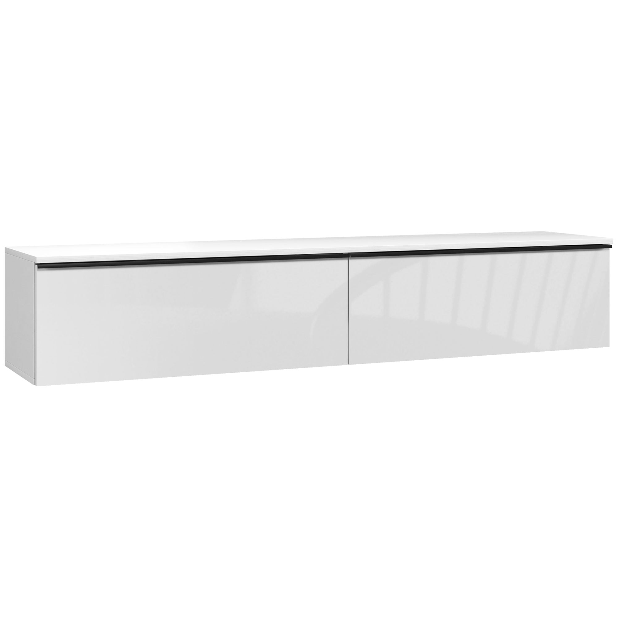Meuble TV suspendu meuble télé bois banc TV mural pour téléviseurs jusqu'à 70 pouces avec placard à portes effet brillant, pour salon chambre à coucher, 160 x 35 x 30 cm, blanc