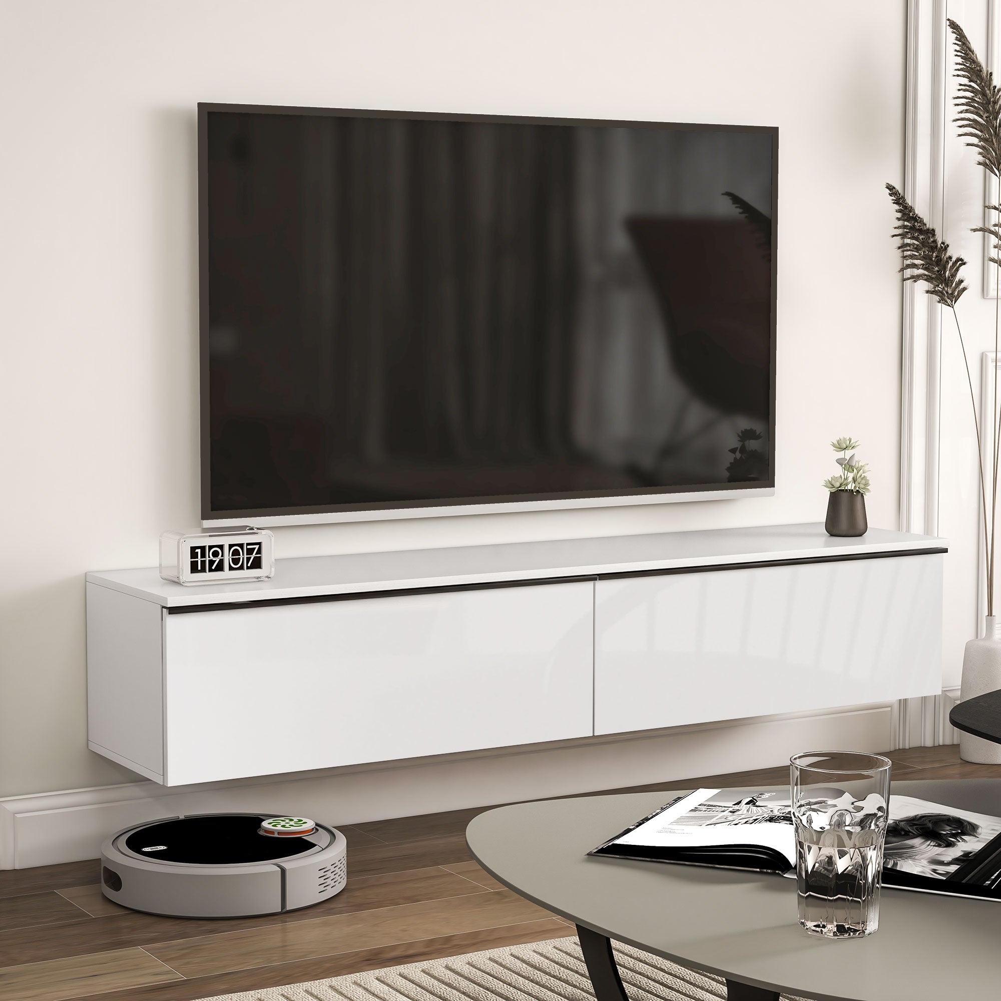 Meuble TV suspendu meuble télé bois banc TV mural pour téléviseurs jusqu'à 70 pouces avec placard à portes effet brillant, pour salon chambre à coucher, 160 x 35 x 30 cm, blanc