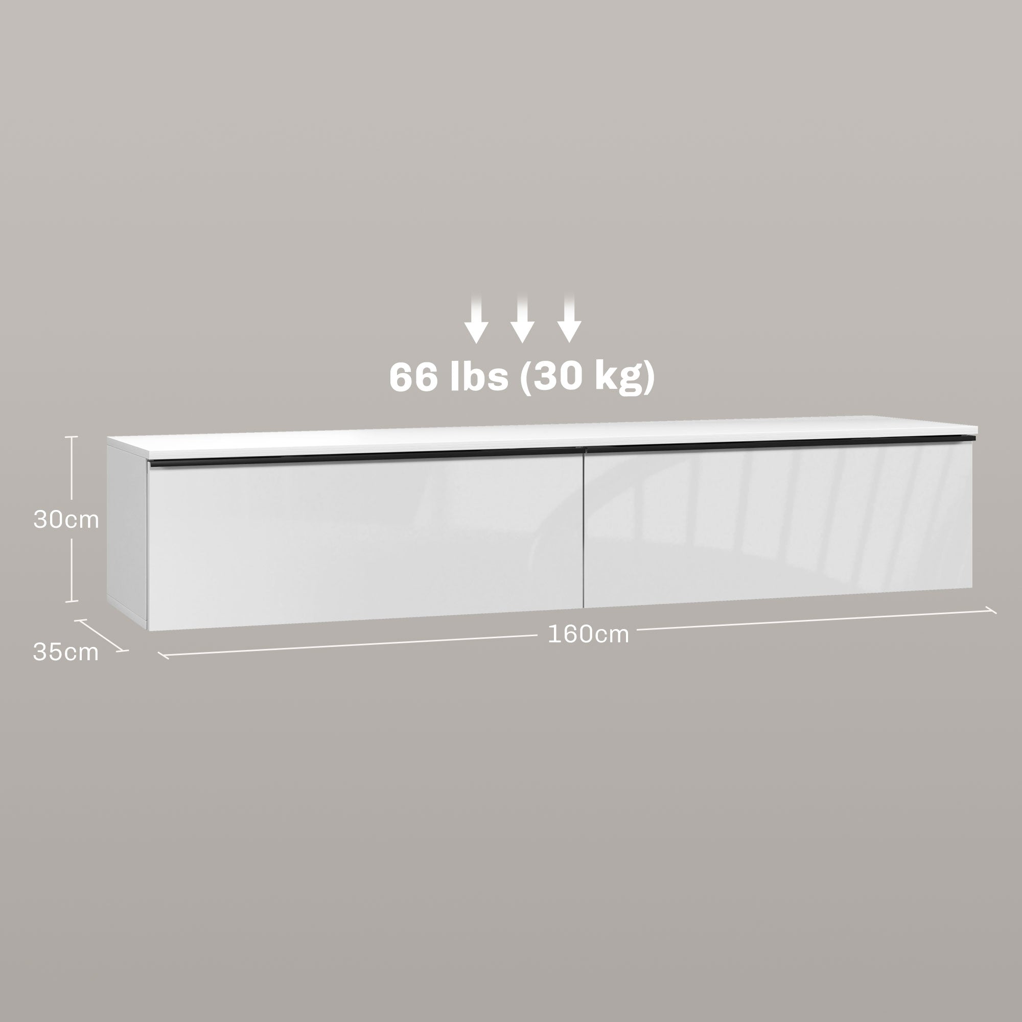 Meuble TV suspendu meuble télé bois banc TV mural pour téléviseurs jusqu'à 70 pouces avec placard à portes effet brillant, pour salon chambre à coucher, 160 x 35 x 30 cm, blanc