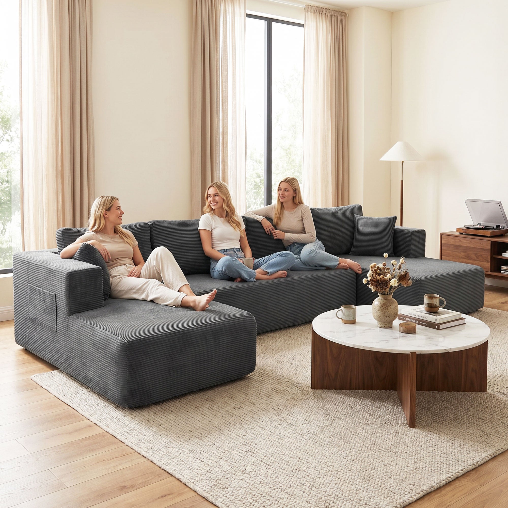 Canapé Modulaire en U Compressé 4 Places, 2 Méridiennes et Canapé 2 Places - Canapé d'Angle Convertible, 6 Coussins, Accoudoirs avec Poches Latérales - Sans Montage, pour Salon Chambre, Gris