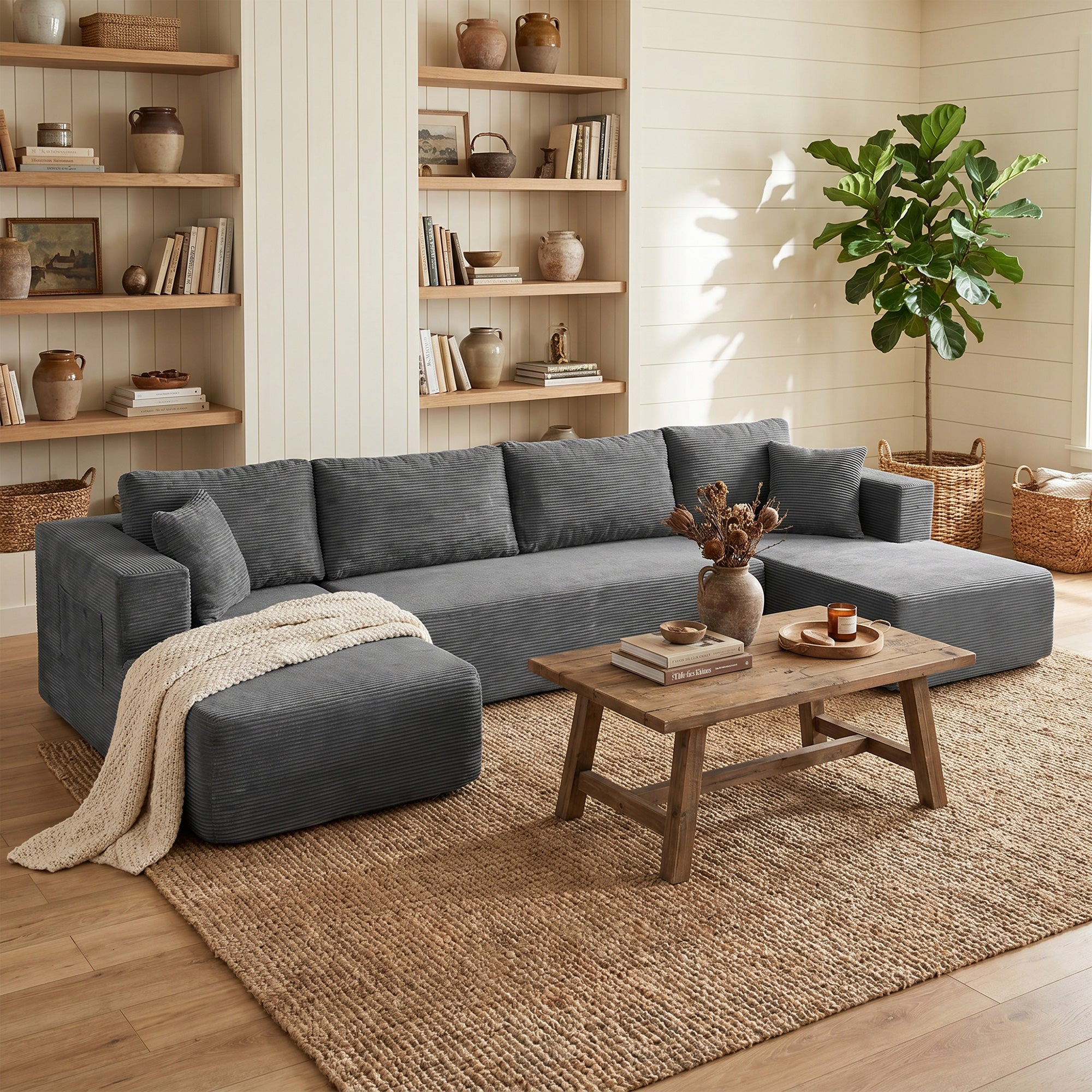 Canapé Modulaire en U Compressé 4 Places, 2 Méridiennes et Canapé 2 Places - Canapé d'Angle Convertible, 6 Coussins, Accoudoirs avec Poches Latérales - Sans Montage, pour Salon Chambre, Gris