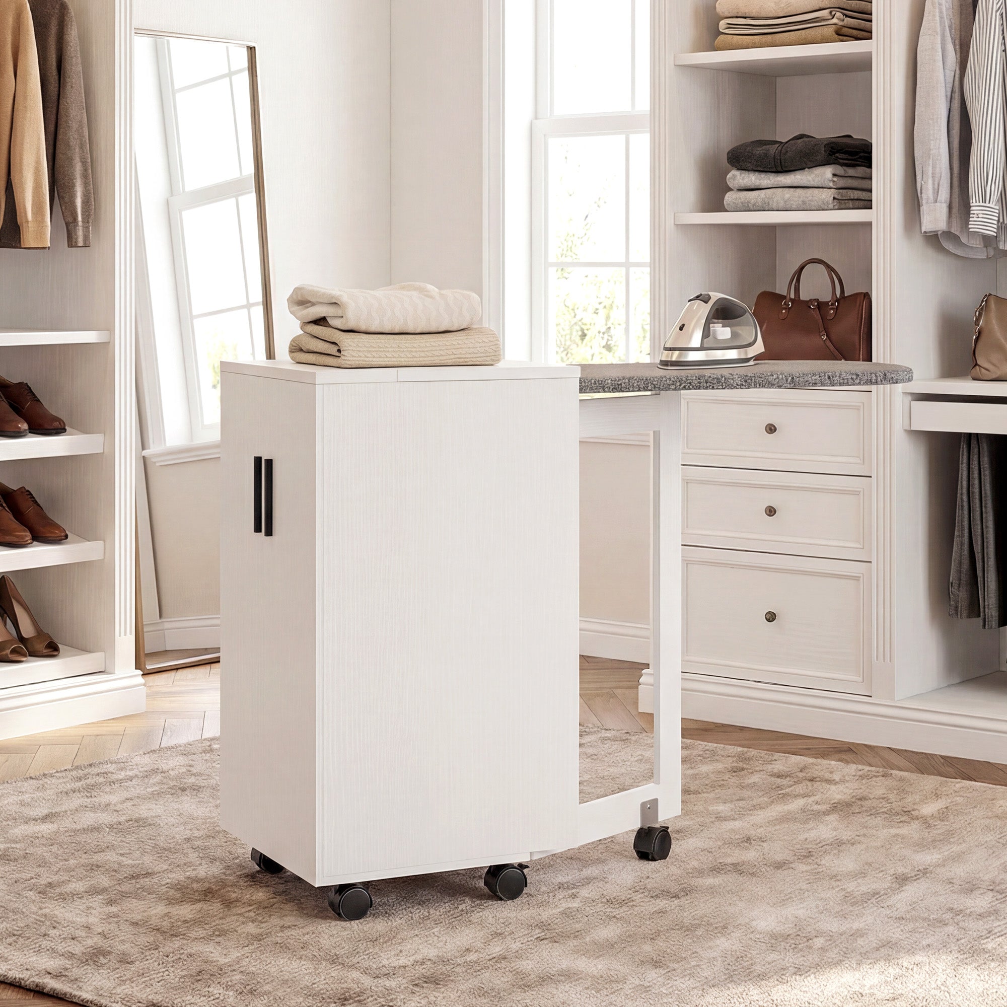 Meuble à repasser 2 en 1, table à repasser pliante sur roulettes avec étagère réglable et charnières à fermeture douce, meuble rangement pour petits espaces, buanderie, 128 x 43 x 83 cm, blanc