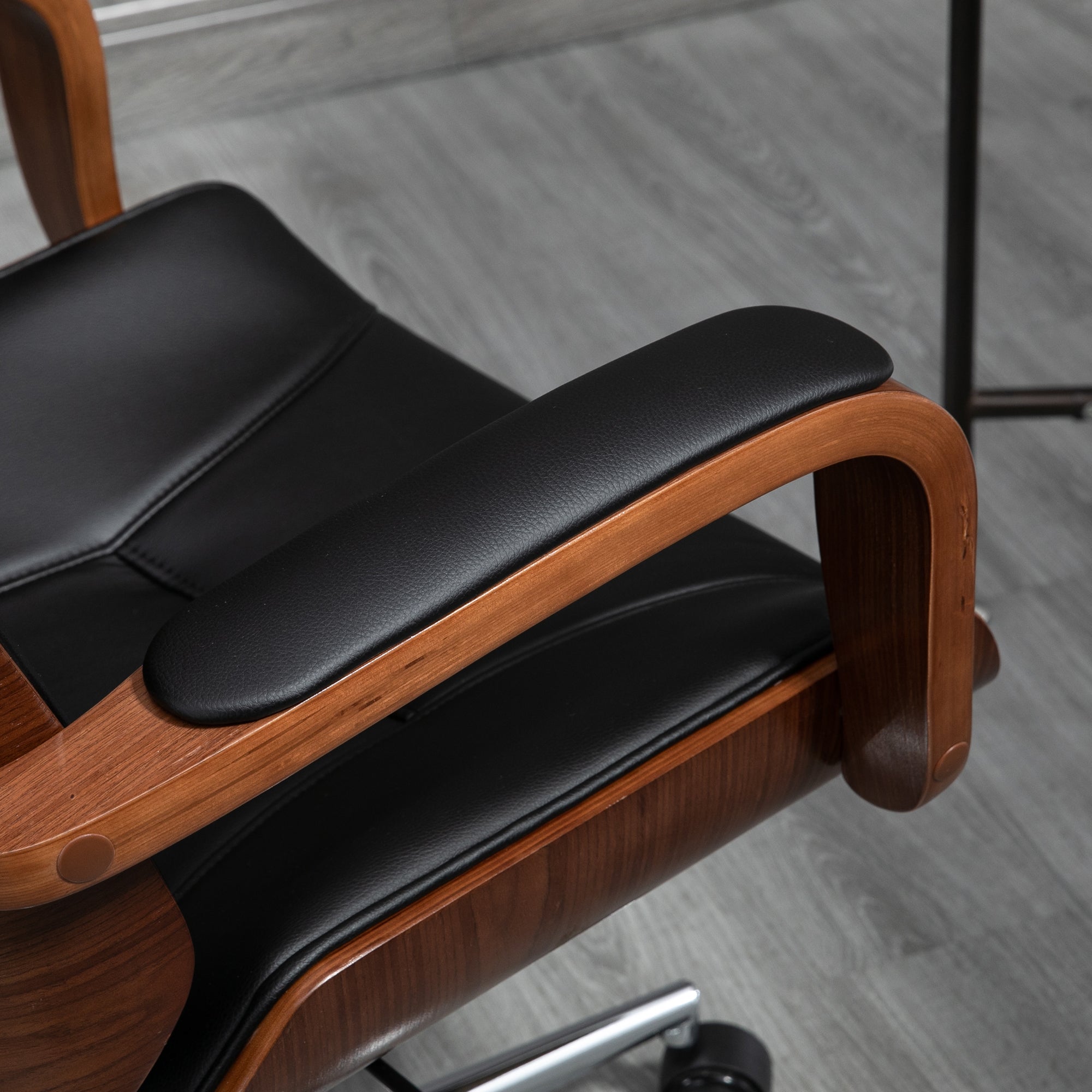 Fauteuil de bureau, chaise de bureau ergonomique avec appui-tête amovible, hauteur réglable et fonction de bascule, pour chambre, télétravail, charge 120 Kg, cuir synthétique, noir et noyer
