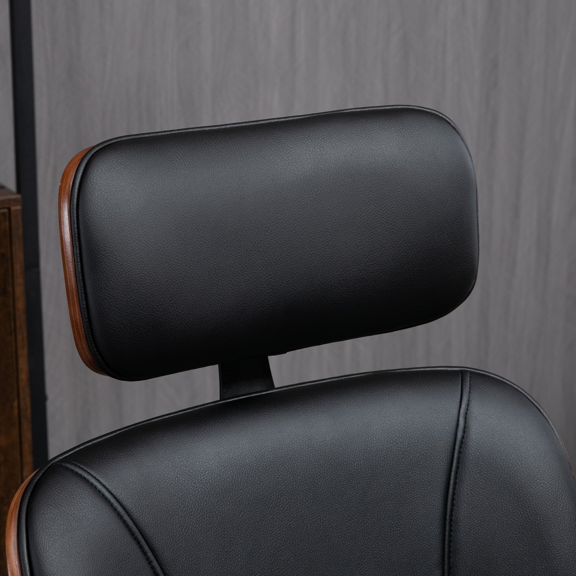 Fauteuil de bureau, chaise de bureau ergonomique avec appui-tête amovible, hauteur réglable et fonction de bascule, pour chambre, télétravail, charge 120 Kg, cuir synthétique, noir et noyer
