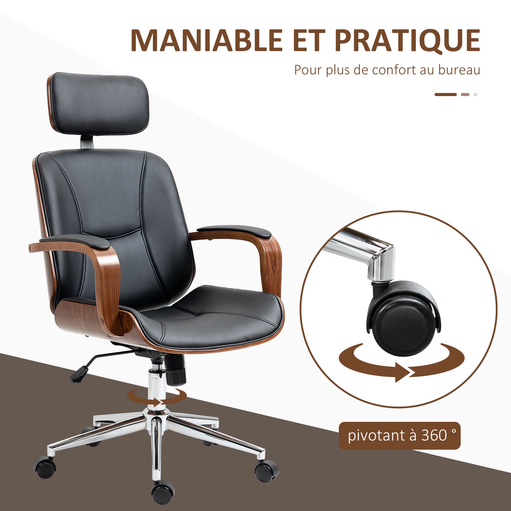 Fauteuil de bureau, chaise de bureau ergonomique avec appui-tête amovible, hauteur réglable et fonction de bascule, pour chambre, télétravail, charge 120 Kg, cuir synthétique, noir et noyer