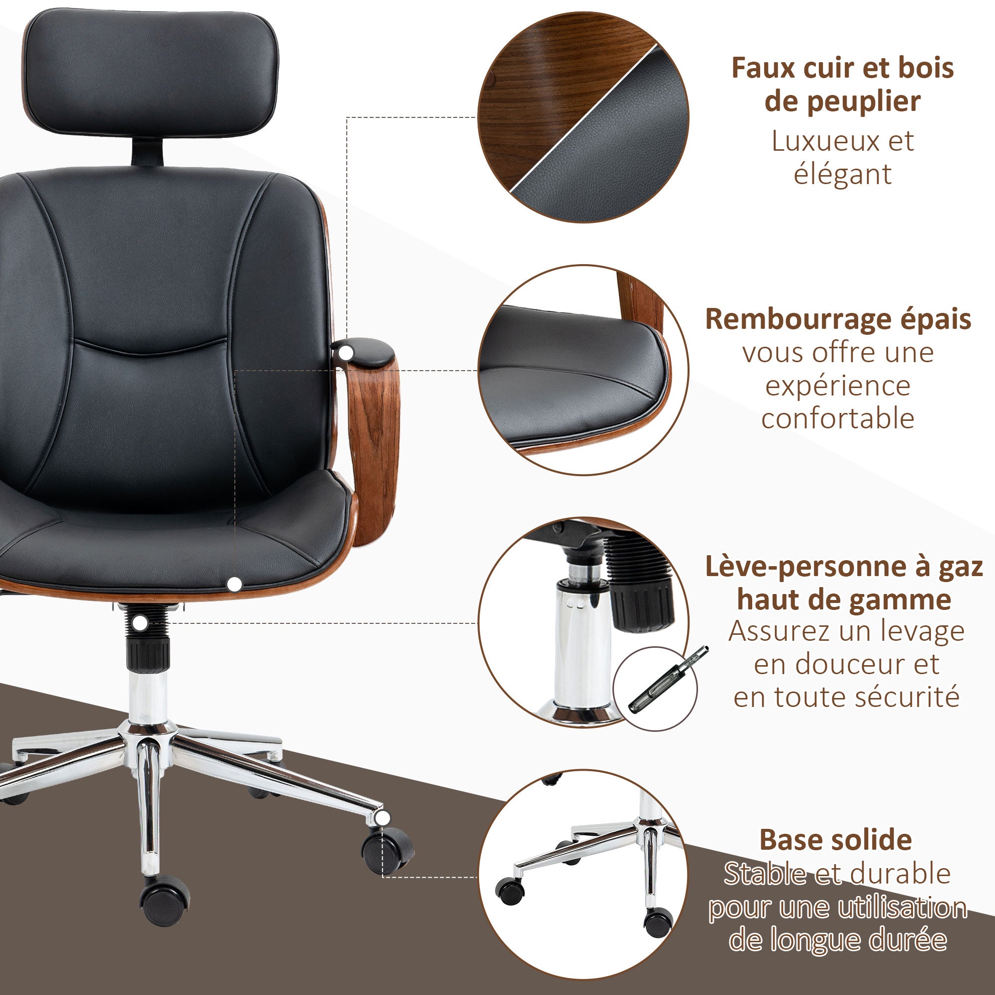 Fauteuil de bureau, chaise de bureau ergonomique avec appui-tête amovible, hauteur réglable et fonction de bascule, pour chambre, télétravail, charge 120 Kg, cuir synthétique, noir et noyer