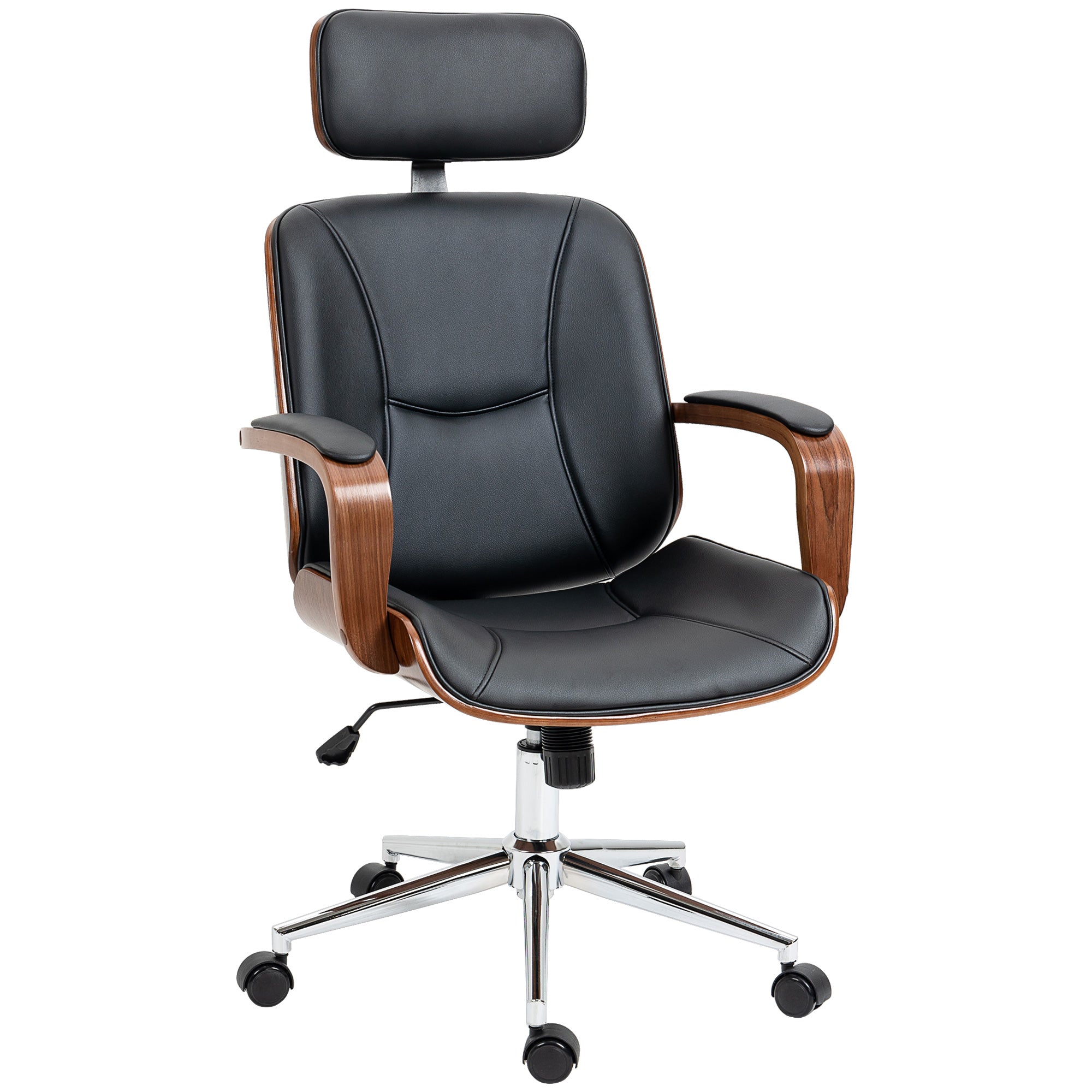 Fauteuil de bureau, chaise de bureau ergonomique avec appui-tête amovible, hauteur réglable et fonction de bascule, pour chambre, télétravail, charge 120 Kg, cuir synthétique, noir et noyer