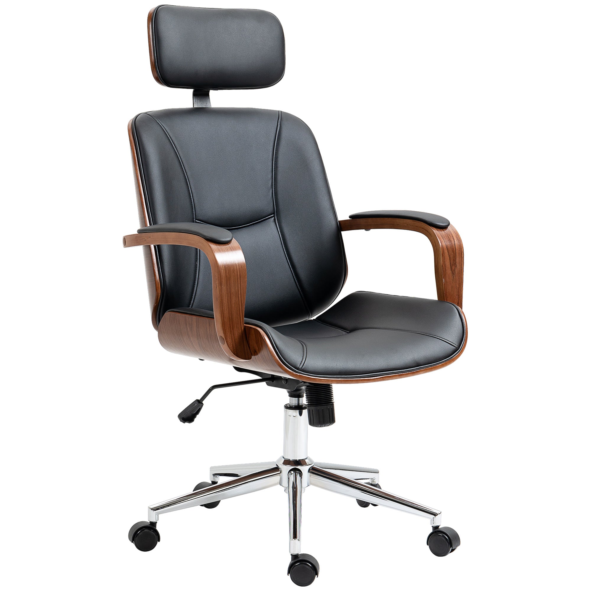 Fauteuil de bureau, chaise de bureau ergonomique avec appui-tête amovible, hauteur réglable et fonction de bascule, pour chambre, télétravail, charge 120 Kg, cuir synthétique, noir et noyer