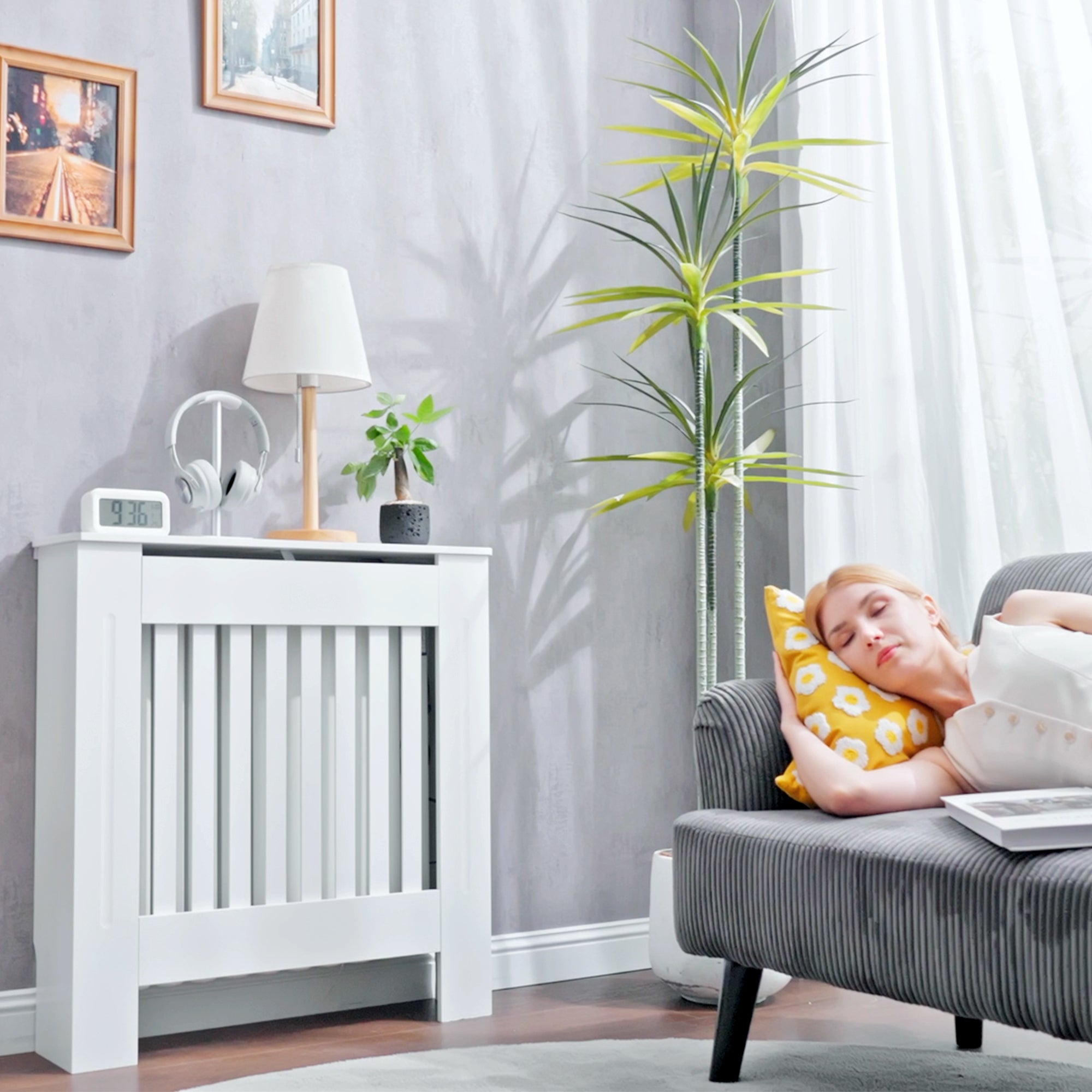 Cache-radiateur couverture radiateur grille d'aération verticale à lattes 78L x 19l x 81H cm en bois Blanc