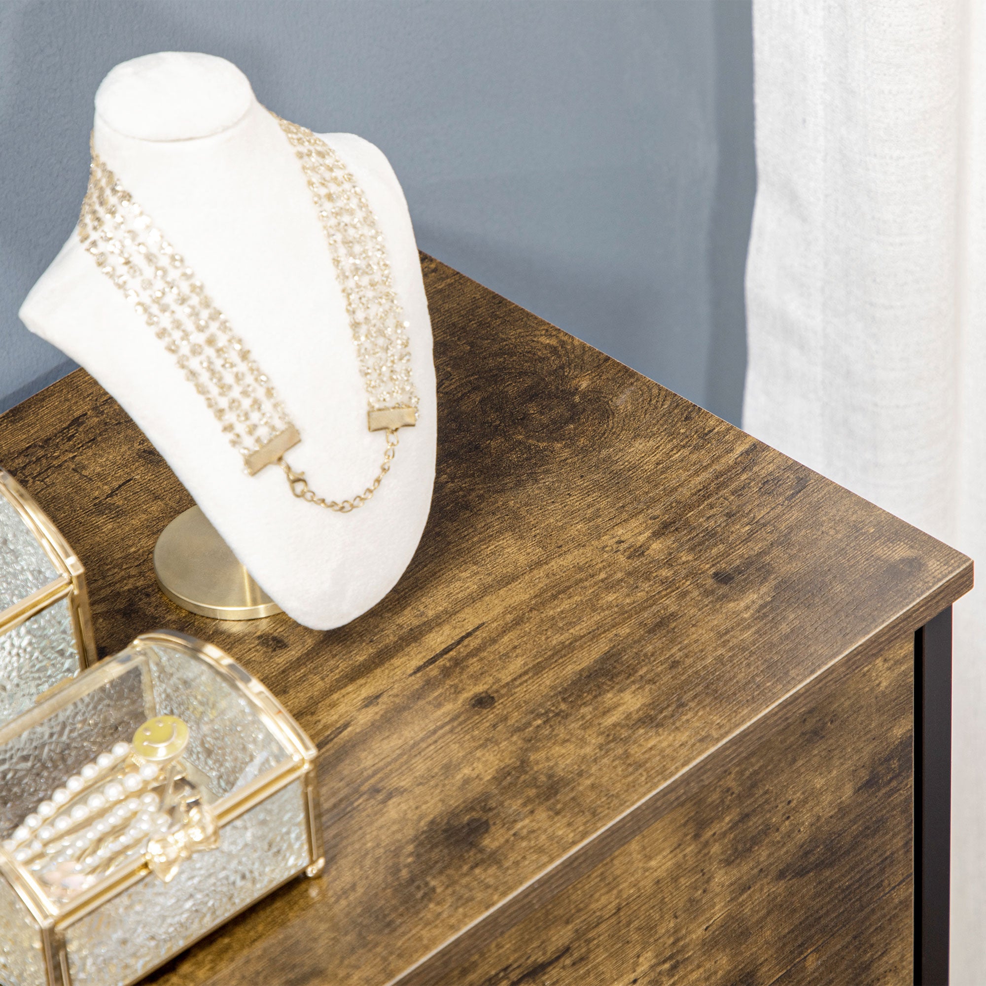 Meuble de rangement, commode, buffet de rangement style industriel 6 tiroirs pliables 2 étagères acier et bois - 84 x 30 x 92 cm