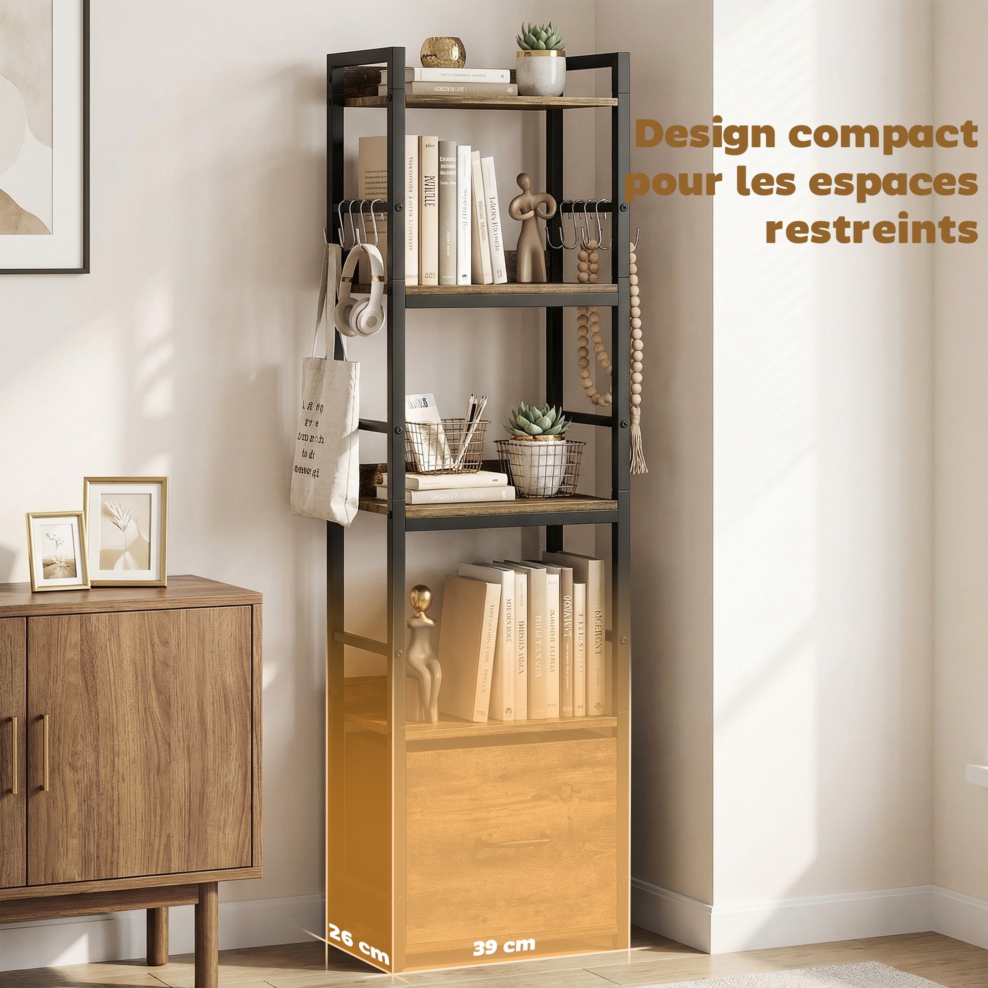 Bibliothèque à 4 niveaux, étagère de rangement étroite avec tiroir, 8 crochets, cadre en métal, meuble de rangement moderne pour salon, bureau, petit espace, 39 x 26 x 136,5 cm, brun rustique