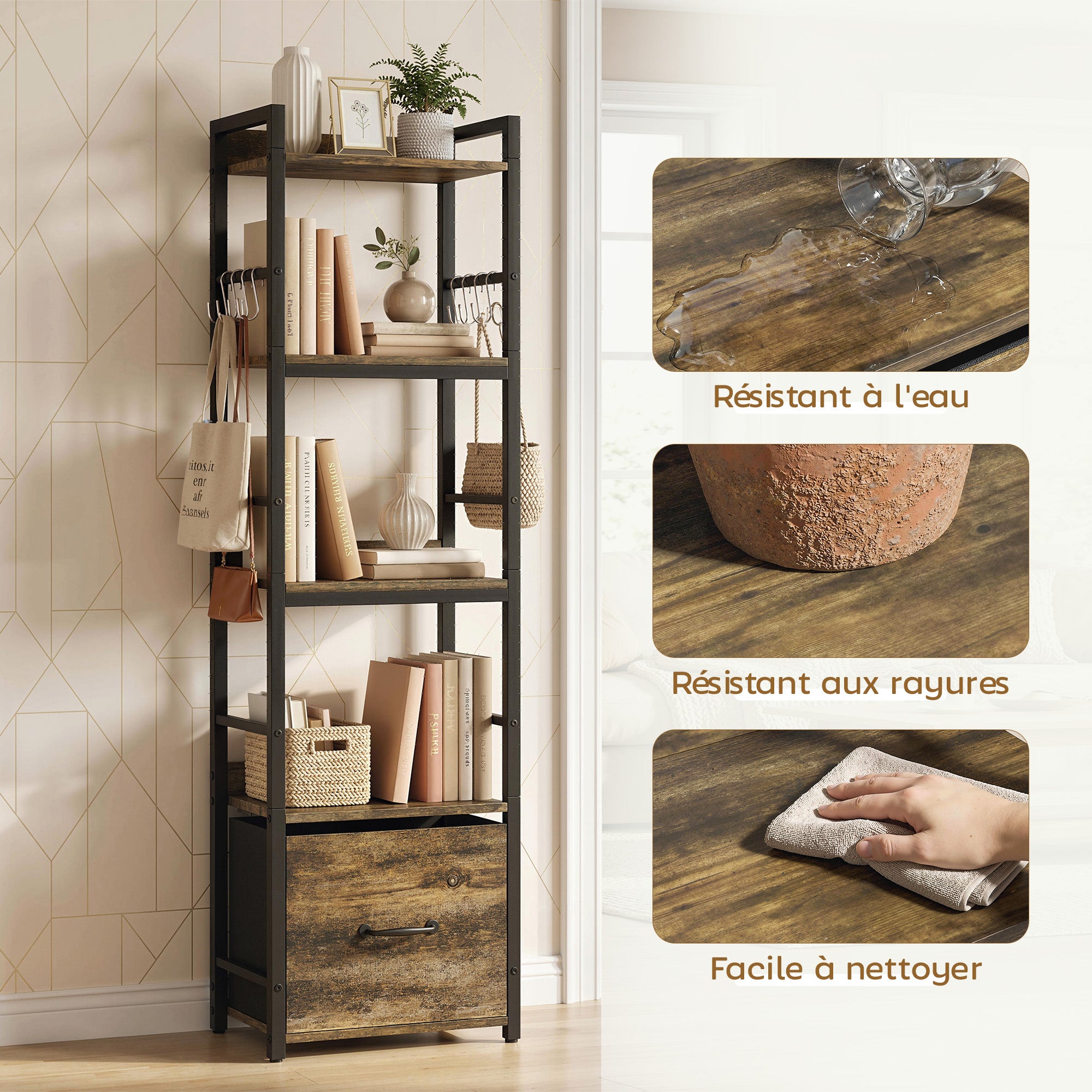 Bibliothèque à 4 niveaux, étagère de rangement étroite avec tiroir, 8 crochets, cadre en métal, meuble de rangement moderne pour salon, bureau, petit espace, 39 x 26 x 136,5 cm, brun rustique