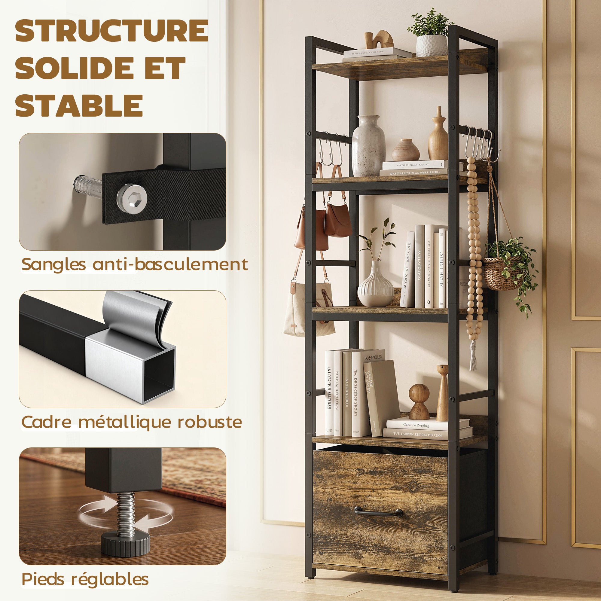 Bibliothèque à 4 niveaux, étagère de rangement étroite avec tiroir, 8 crochets, cadre en métal, meuble de rangement moderne pour salon, bureau, petit espace, 39 x 26 x 136,5 cm, brun rustique