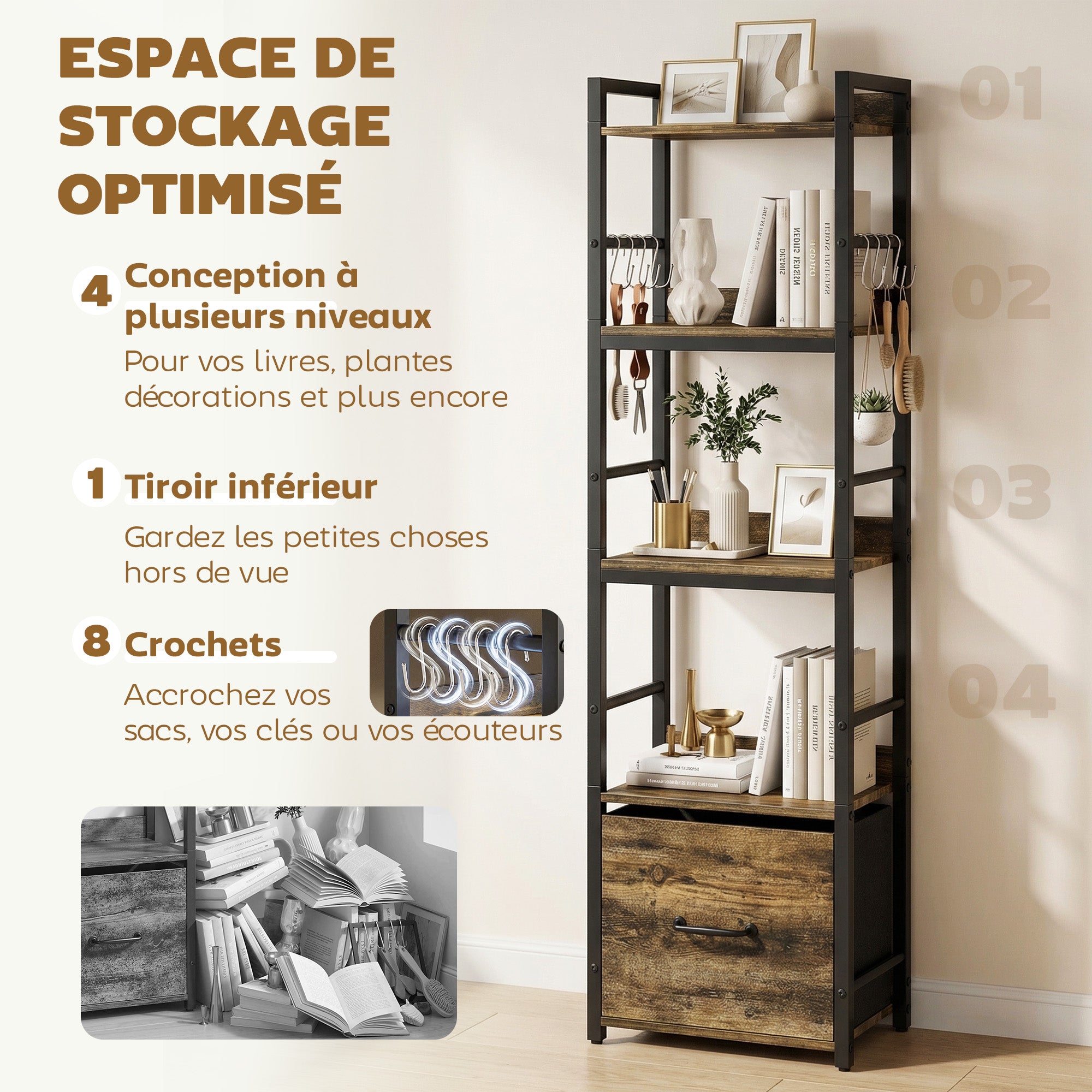 Bibliothèque à 4 niveaux, étagère de rangement étroite avec tiroir, 8 crochets, cadre en métal, meuble de rangement moderne pour salon, bureau, petit espace, 39 x 26 x 136,5 cm, brun rustique